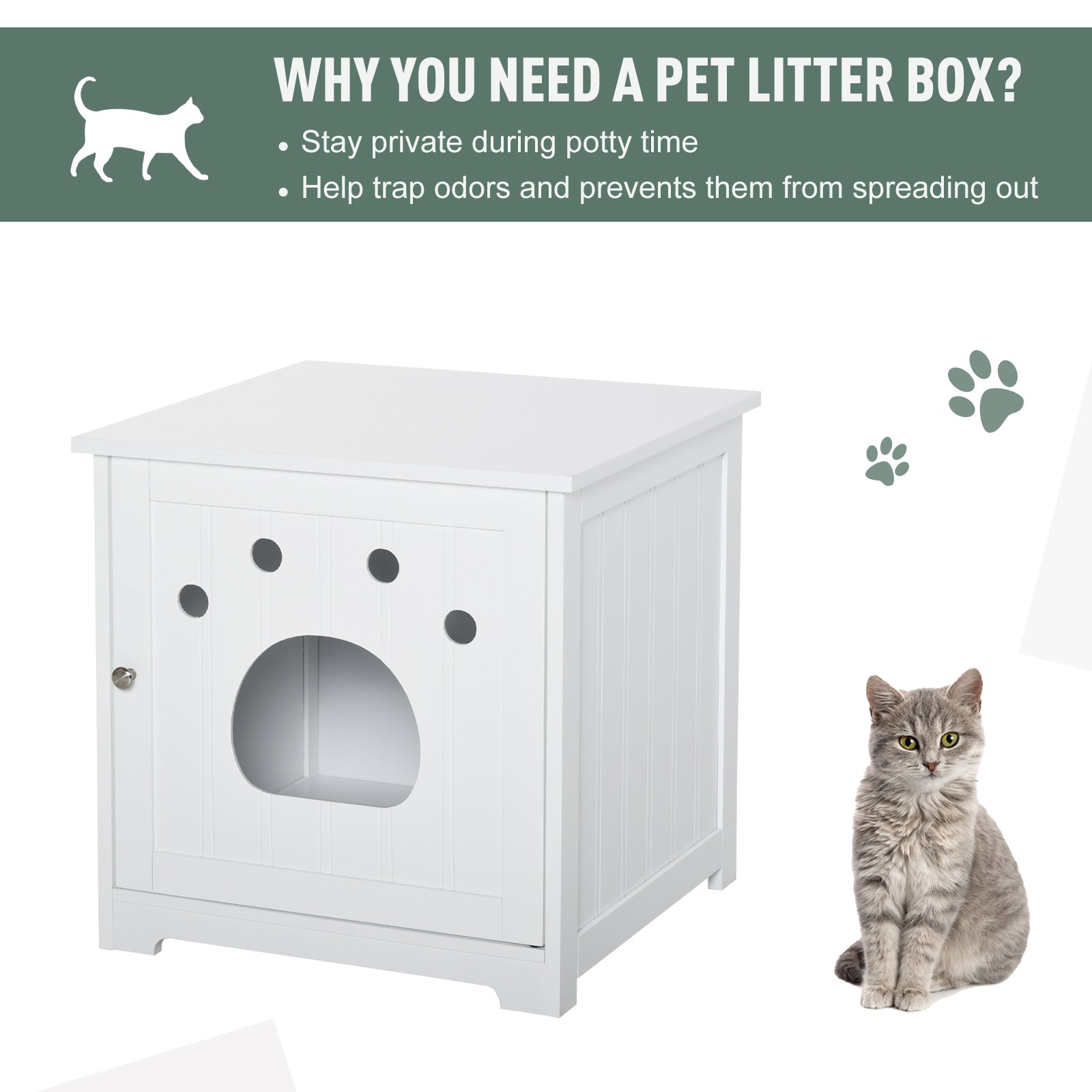 PawHut Wooden Cat Washroom Pet Litter Box Enclosure Kitten House Nightstand End Table Hideaway Cabinet with Magnetic Doors White