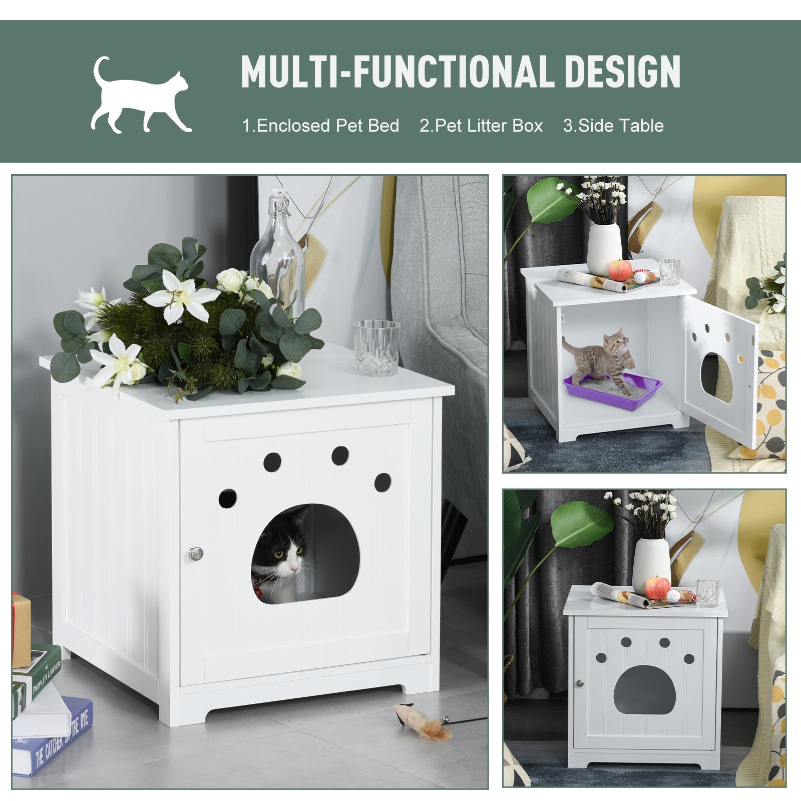 PawHut Wooden Cat Washroom Pet Litter Box Enclosure Kitten House Nightstand End Table Hideaway Cabinet with Magnetic Doors White