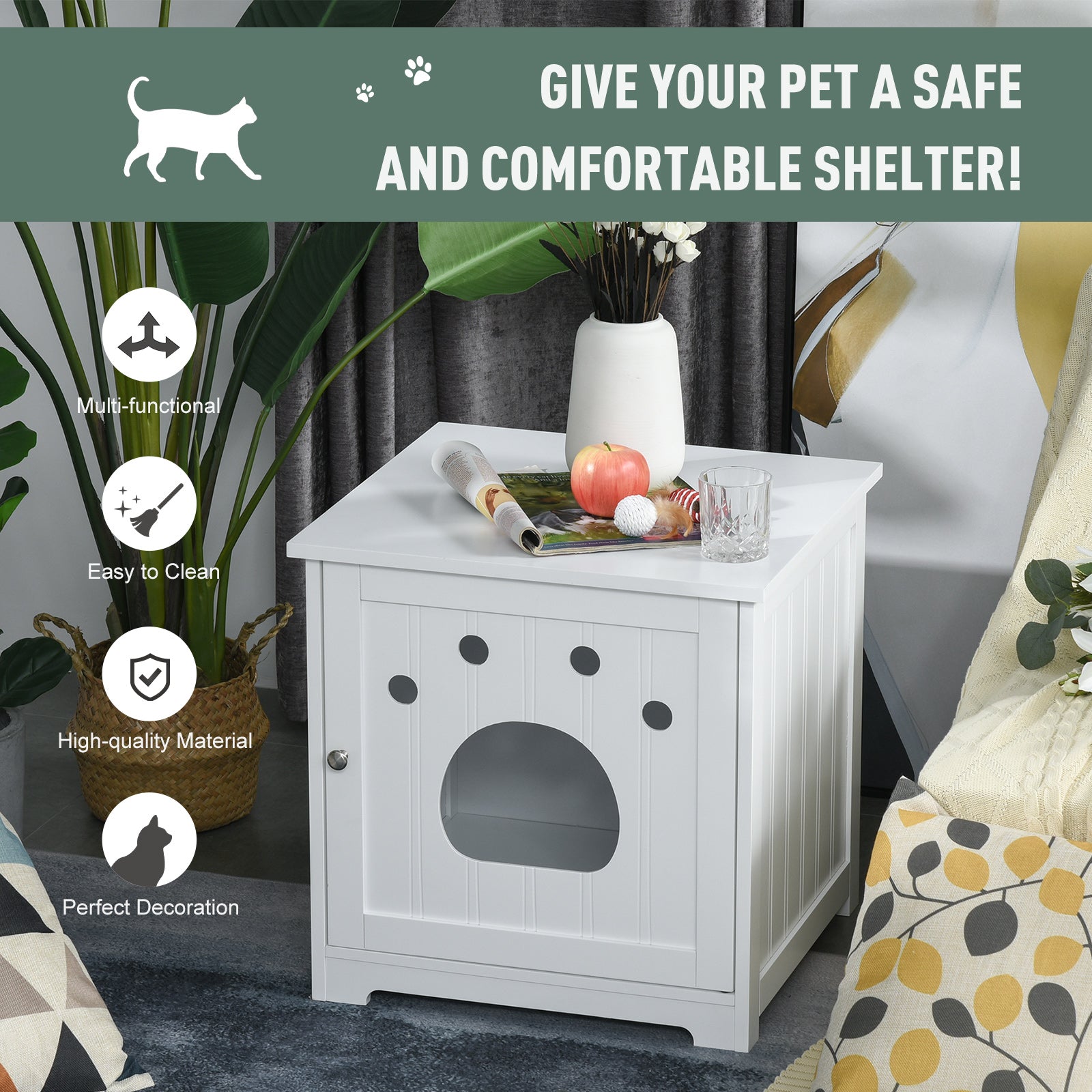 PawHut Wooden Cat Washroom Pet Litter Box Enclosure Kitten House Nightstand End Table Hideaway Cabinet with Magnetic Doors White