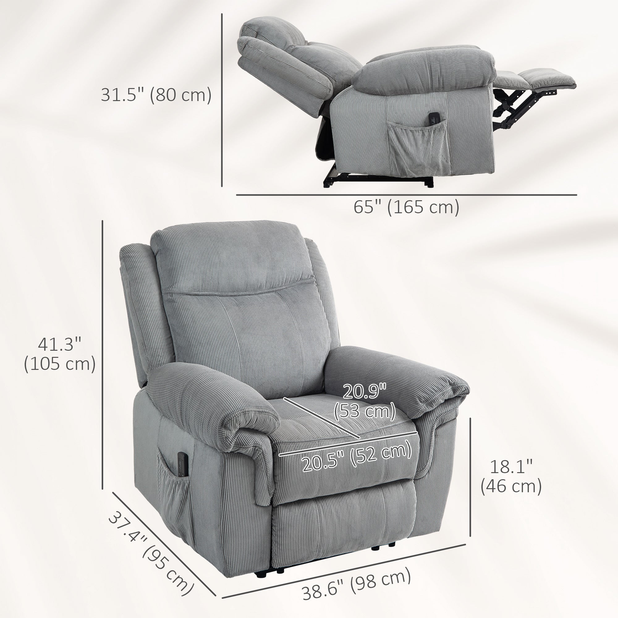 HOMCOM Vibration Massage Recliner Chair, Manual Corduroy Reclining Chair for Living Room with Side Pockets, Footrest, Remote, Easy Assembly, Grey