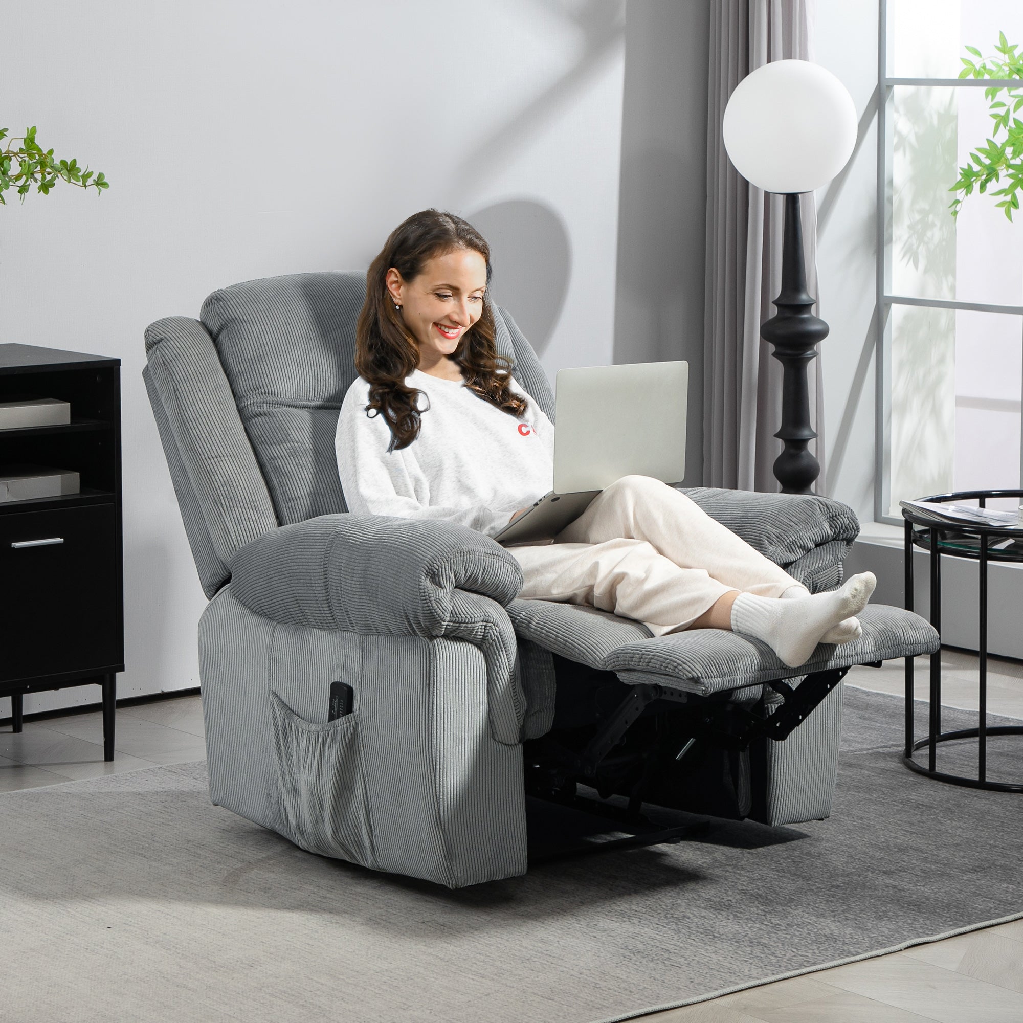 HOMCOM Vibration Massage Recliner Chair, Manual Corduroy Reclining Chair for Living Room with Side Pockets, Footrest, Remote, Easy Assembly, Grey