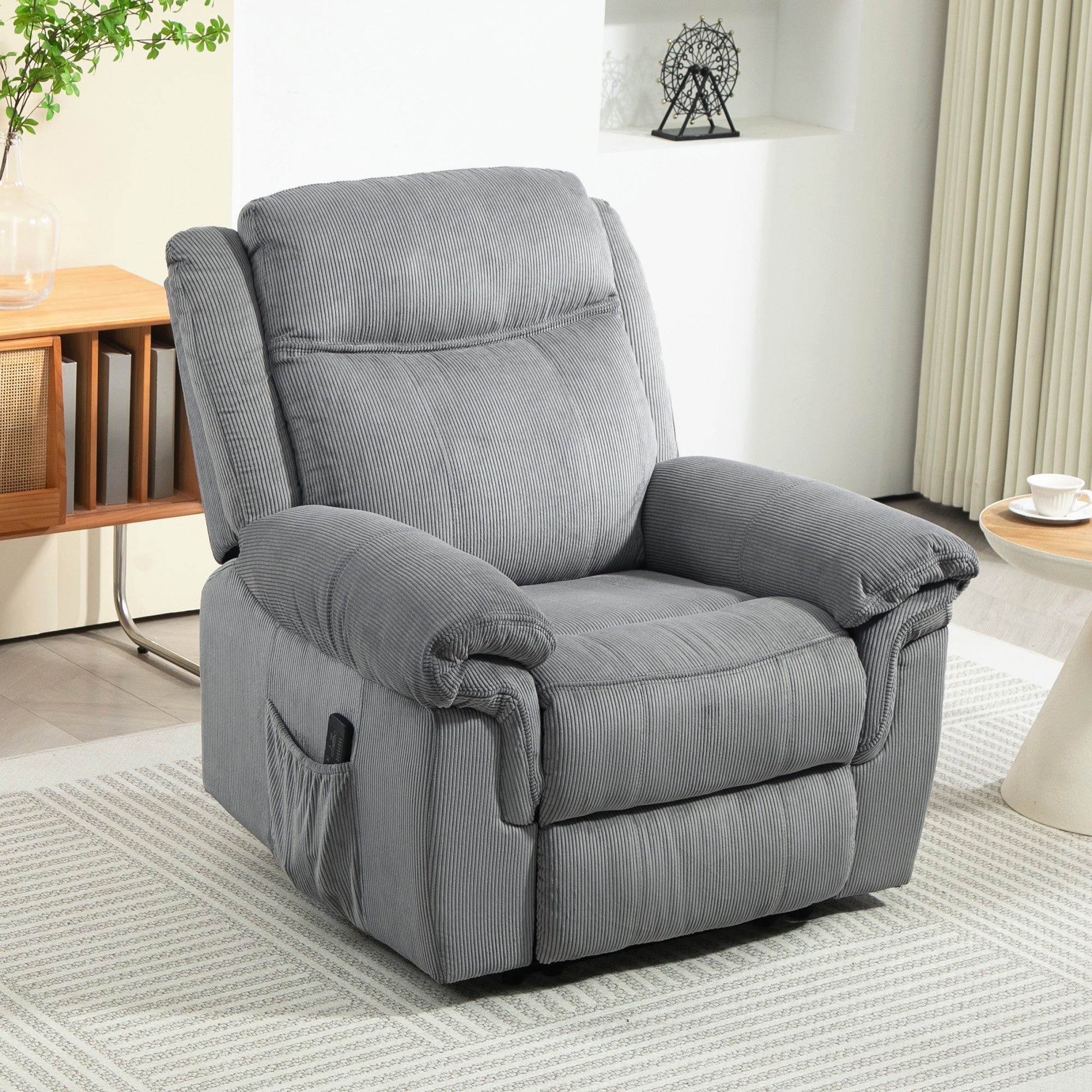 HOMCOM Vibration Massage Recliner Chair, Manual Corduroy Reclining Chair for Living Room with Side Pockets, Footrest, Remote, Easy Assembly, Grey