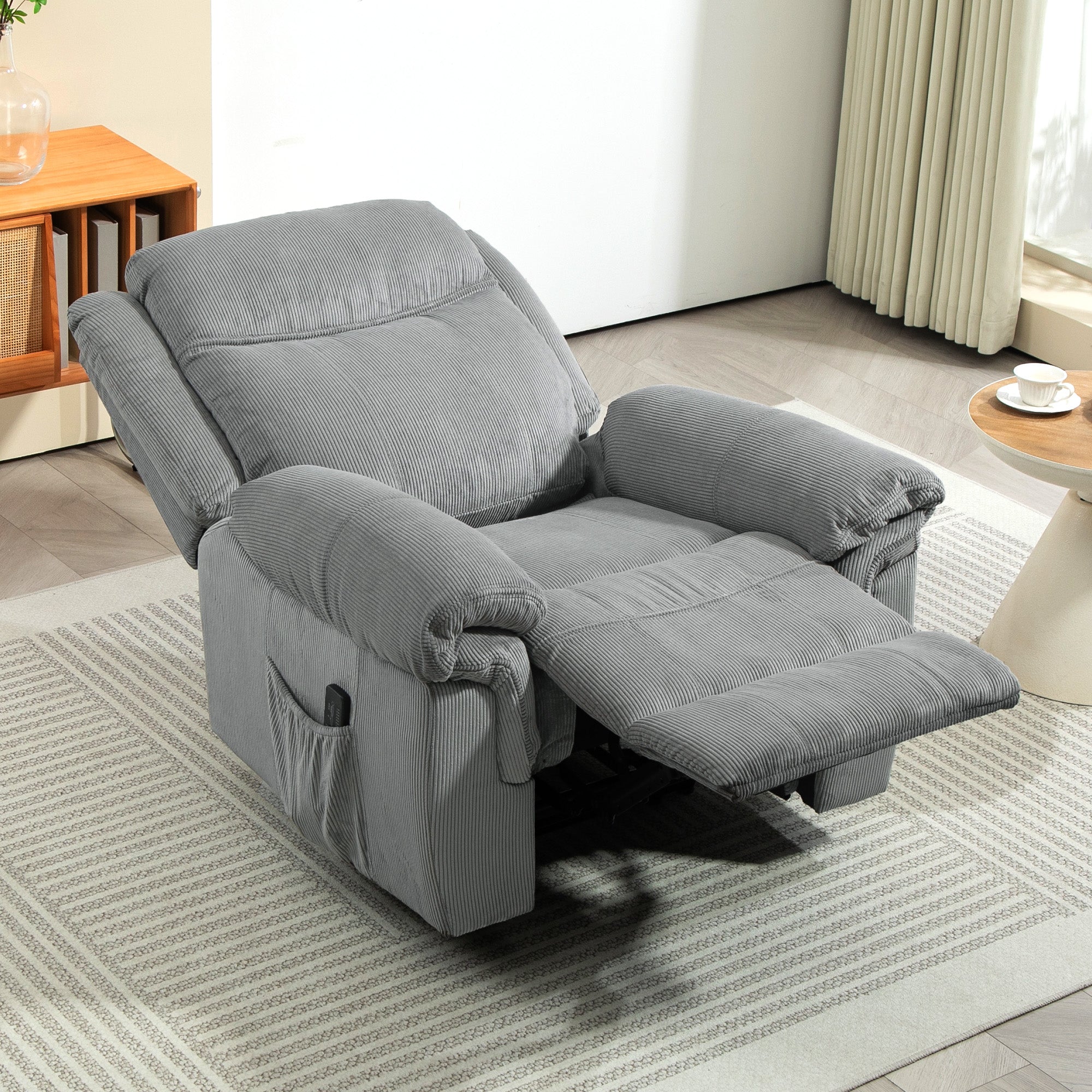 HOMCOM Vibration Massage Recliner Chair, Manual Corduroy Reclining Chair for Living Room with Side Pockets, Footrest, Remote, Easy Assembly, Grey