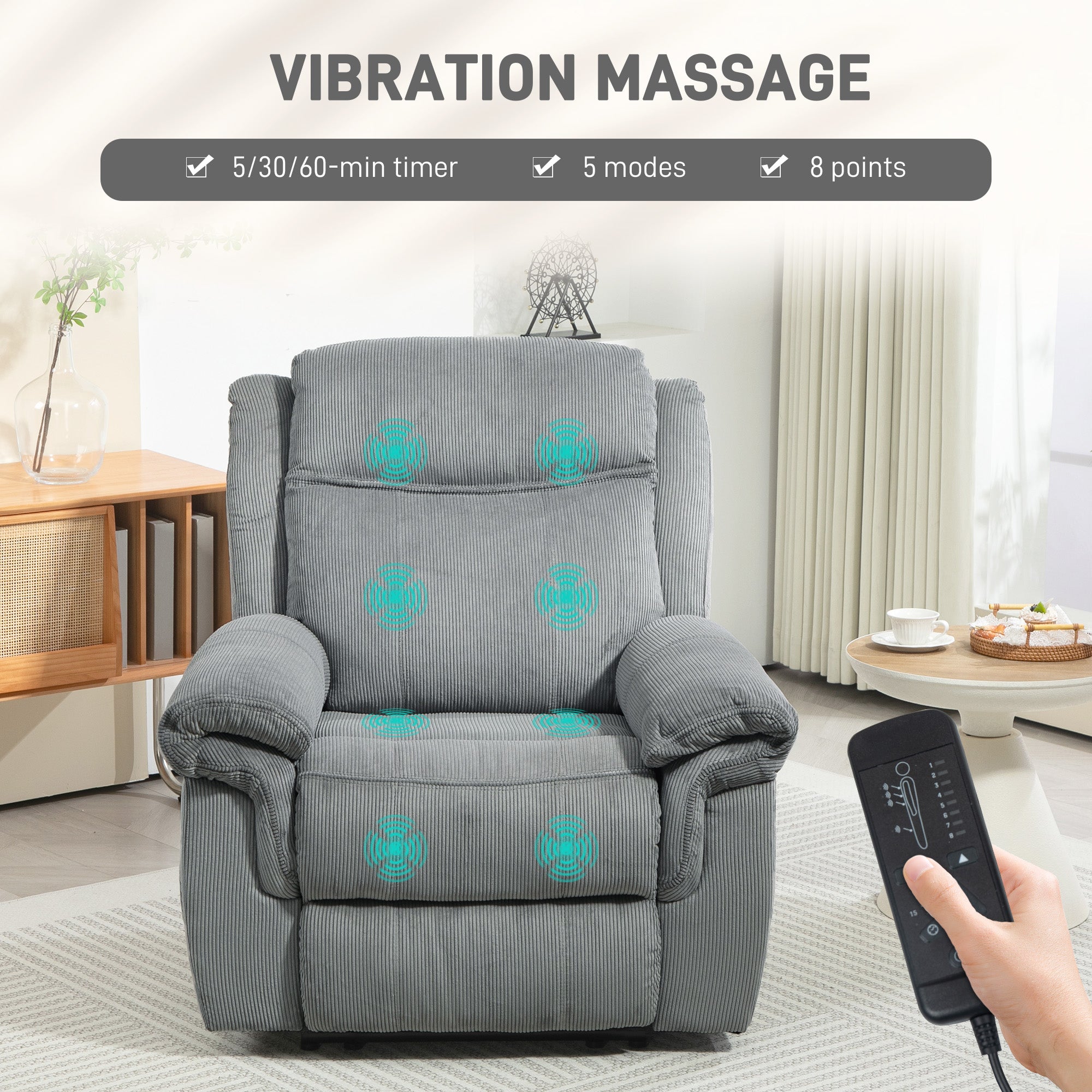 HOMCOM Vibration Massage Recliner Chair, Manual Corduroy Reclining Chair for Living Room with Side Pockets, Footrest, Remote, Easy Assembly, Grey