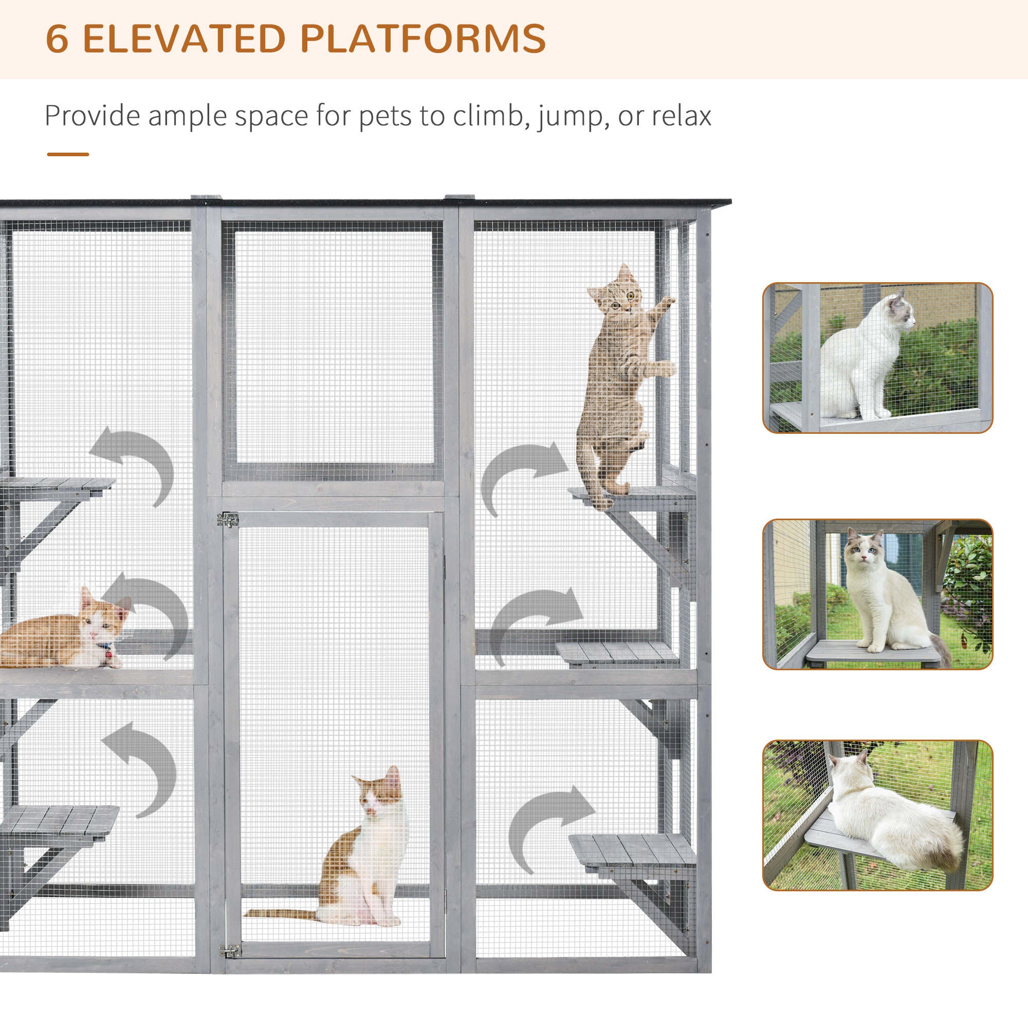 PawHut Large Outdoor Catio Enclosure, Weatherproof Cat House with Asphalt Roof,  Wooden Cat Patio Cage with 6 Balanced Platforms, 71" x 39" x 71", Grey
