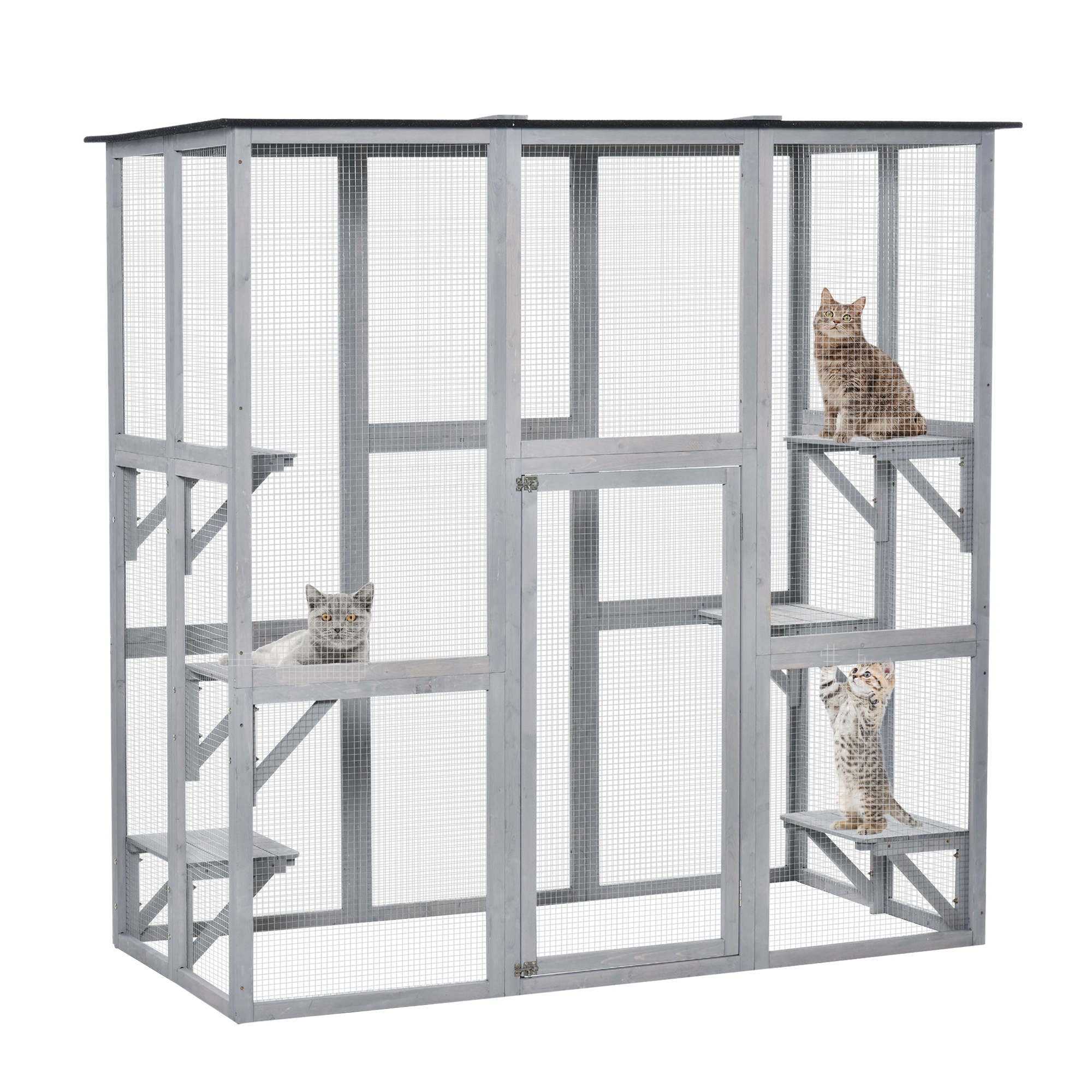 PawHut Large Outdoor Catio Enclosure, Weatherproof Cat House with Asphalt Roof,  Wooden Cat Patio Cage with 6 Balanced Platforms, 71" x 39" x 71", Grey