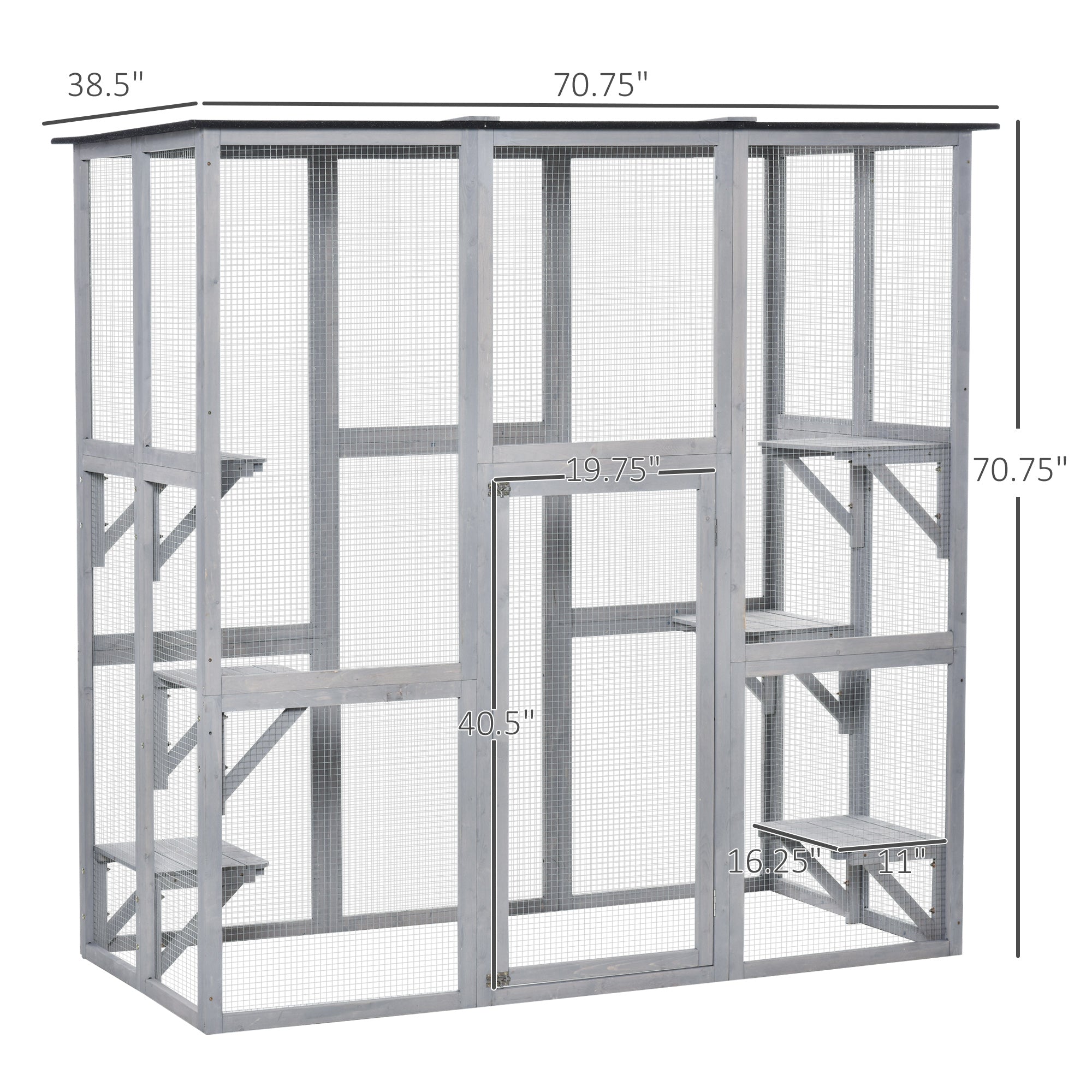 PawHut Large Outdoor Catio Enclosure, Weatherproof Cat House with Asphalt Roof,  Wooden Cat Patio Cage with 6 Balanced Platforms, 71" x 39" x 71", Grey
