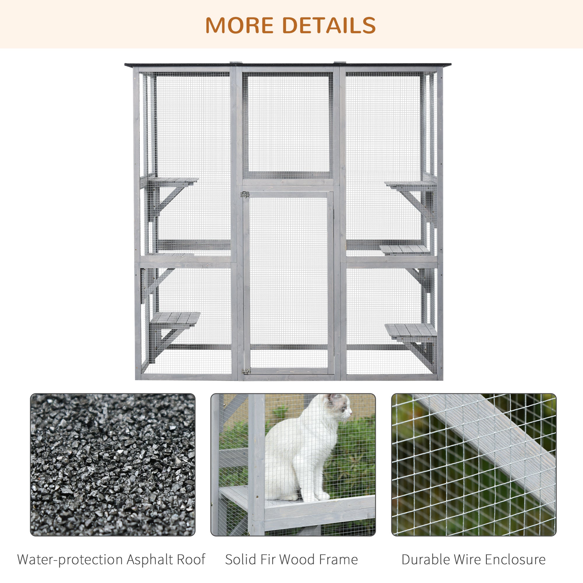 PawHut Large Outdoor Catio Enclosure, Weatherproof Cat House with Asphalt Roof,  Wooden Cat Patio Cage with 6 Balanced Platforms, 71