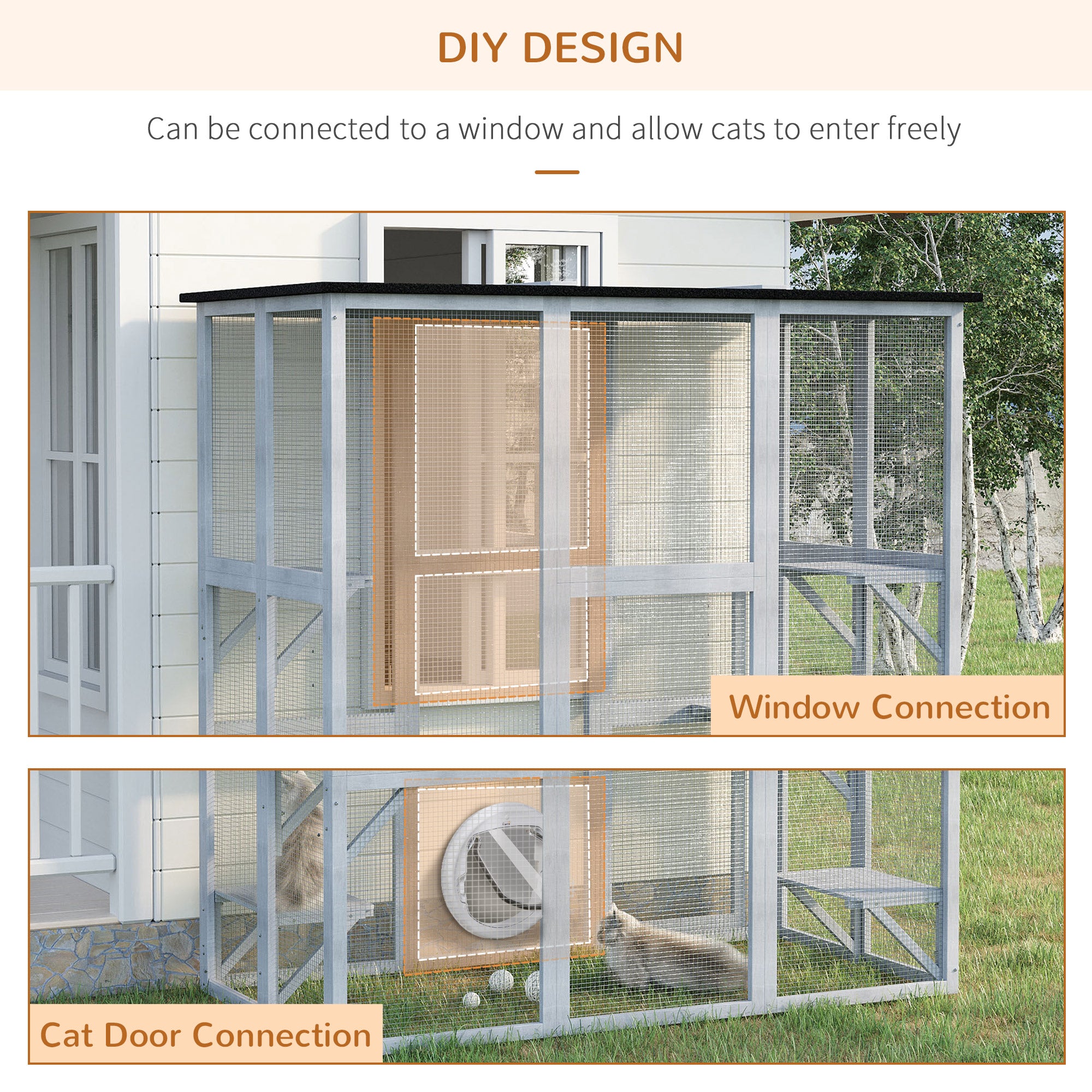PawHut Large Outdoor Catio Enclosure, Weatherproof Cat House with Asphalt Roof,  Wooden Cat Patio Cage with 6 Balanced Platforms, 71" x 39" x 71", Grey