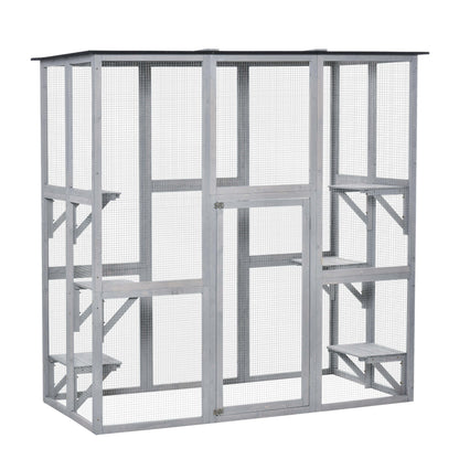 PawHut Large Outdoor Catio Enclosure, Weatherproof Cat House with Asphalt Roof,  Wooden Cat Patio Cage with 6 Balanced Platforms, 71" x 39" x 71", Grey