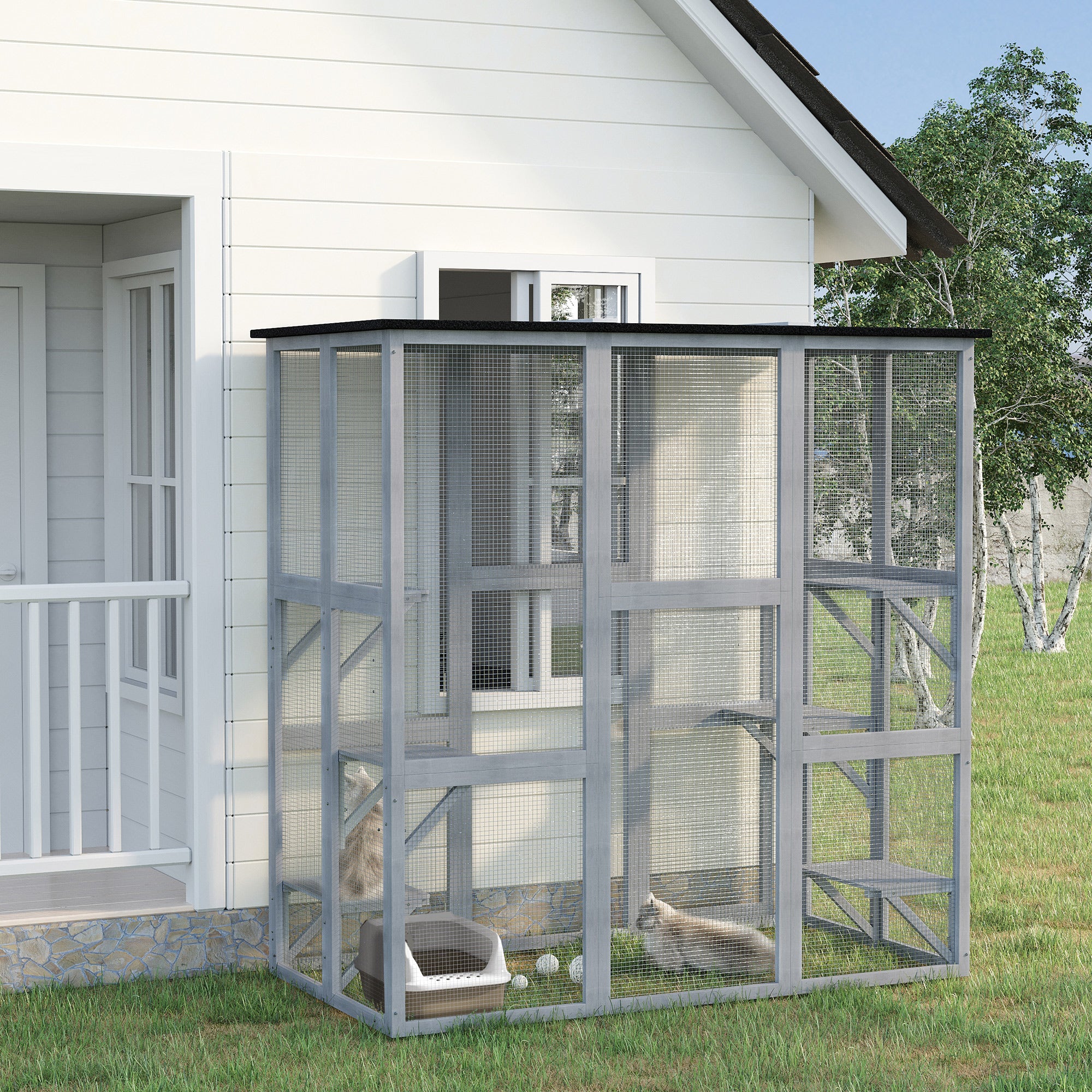 PawHut Large Outdoor Catio Enclosure, Weatherproof Cat House with Asphalt Roof,  Wooden Cat Patio Cage with 6 Balanced Platforms, 71" x 39" x 71", Grey