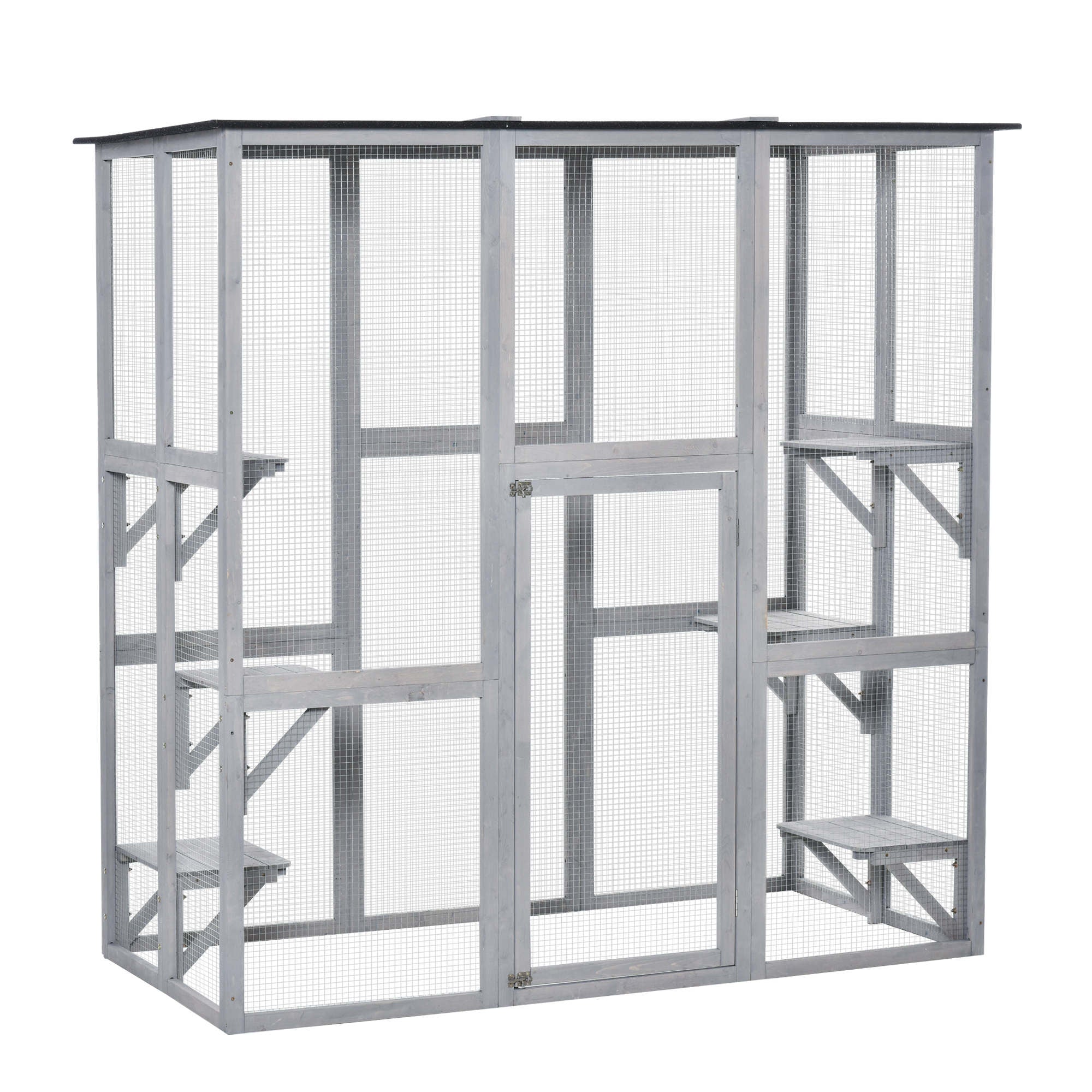 PawHut Large Outdoor Catio Enclosure, Weatherproof Cat House with Asphalt Roof,  Wooden Cat Patio Cage with 6 Balanced Platforms, 71