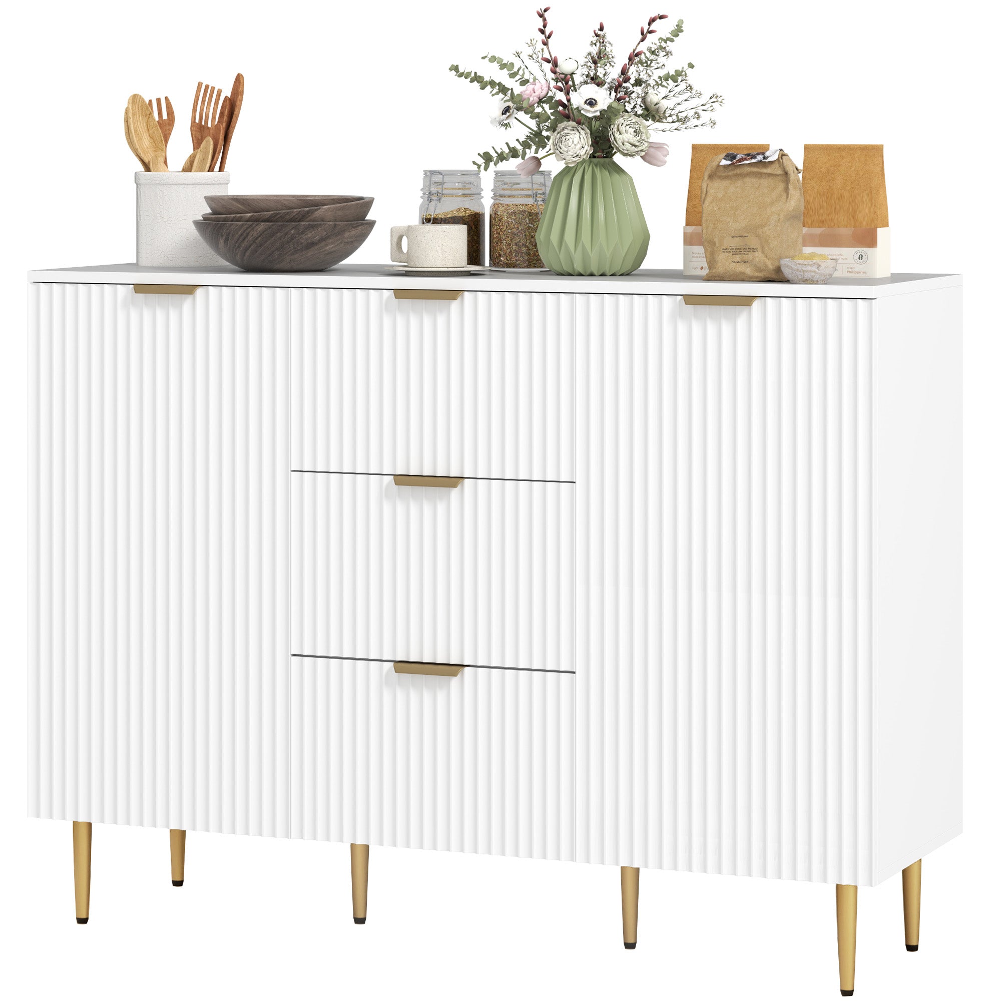 HOMCOM Sideboard Buffet Cabinet, Modern Kitchen Storage Cabinet with 3 Drawers and Adjustable Shelves, Fluted Coffee Bar Cabinet with Metal Legs for Kitchen Hallway, White