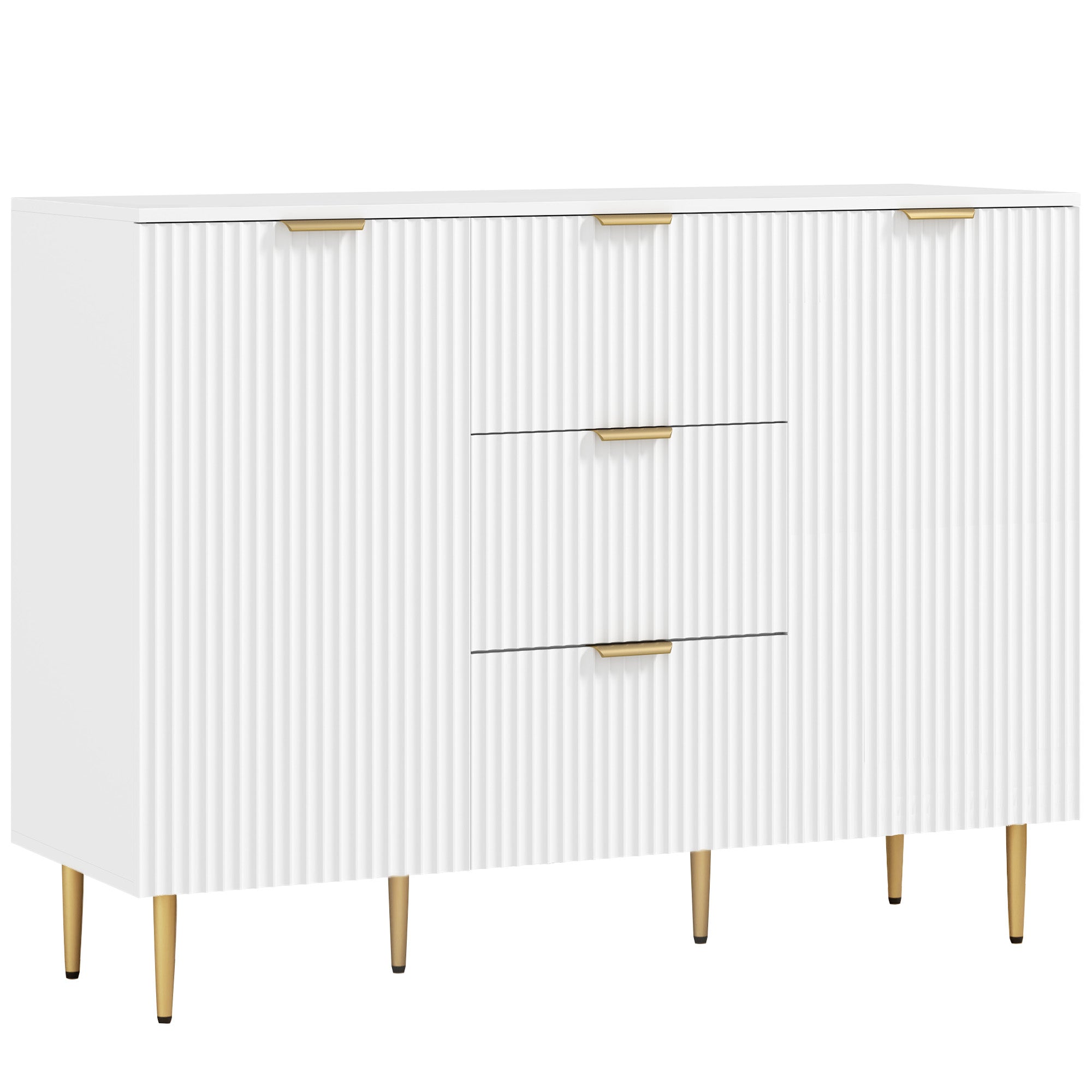 HOMCOM Sideboard Buffet Cabinet, Modern Kitchen Storage Cabinet with 3 Drawers and Adjustable Shelves, Fluted Coffee Bar Cabinet with Metal Legs for Kitchen Hallway, White