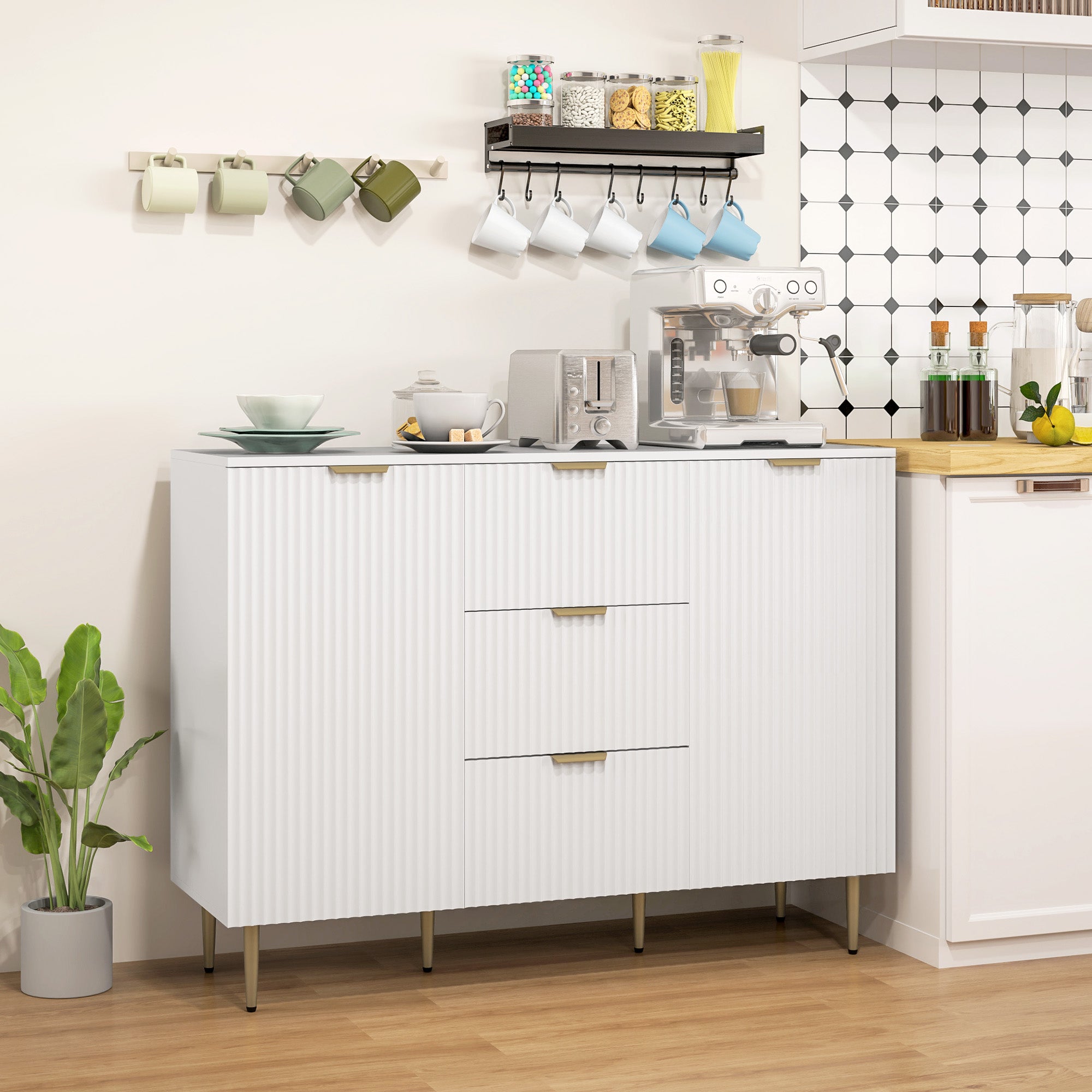 HOMCOM Sideboard Buffet Cabinet, Modern Kitchen Storage Cabinet with 3 Drawers and Adjustable Shelves, Fluted Coffee Bar Cabinet with Metal Legs for Kitchen Hallway, White