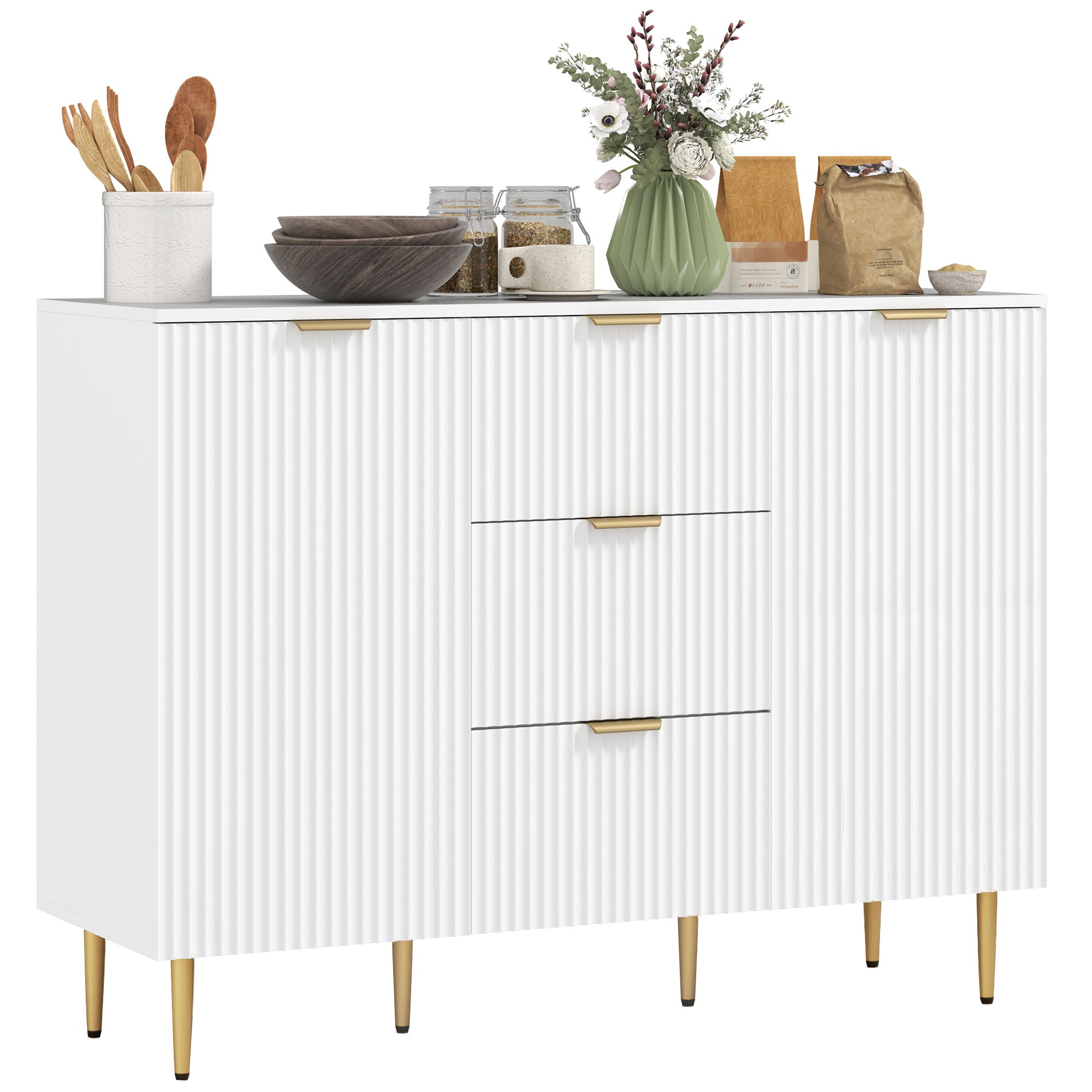 HOMCOM Sideboard Buffet Cabinet, Modern Kitchen Storage Cabinet with 3 Drawers and Adjustable Shelves, Fluted Coffee Bar Cabinet with Metal Legs for Kitchen Hallway, White