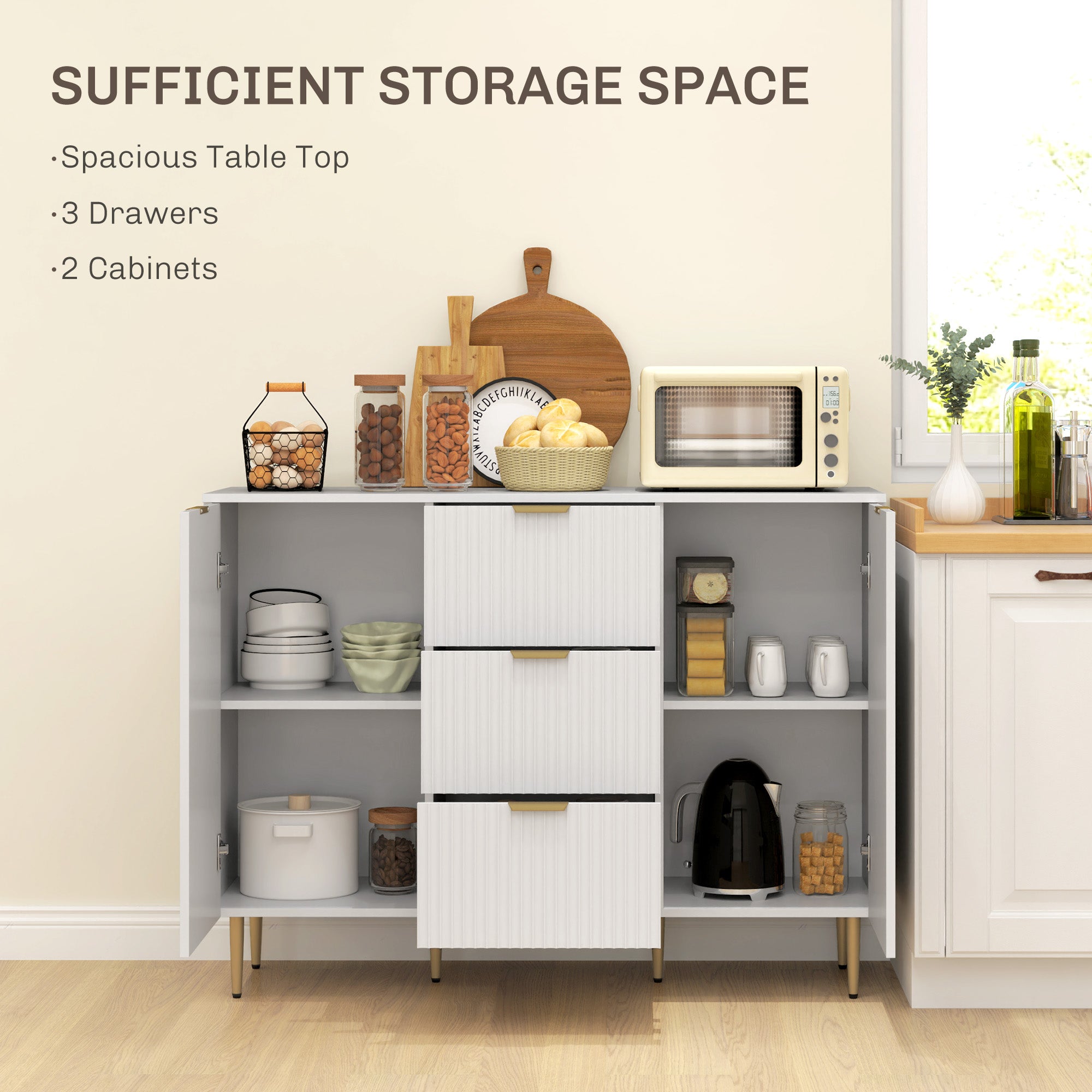 HOMCOM Sideboard Buffet Cabinet, Modern Kitchen Storage Cabinet with 3 Drawers and Adjustable Shelves, Fluted Coffee Bar Cabinet with Metal Legs for Kitchen Hallway, White