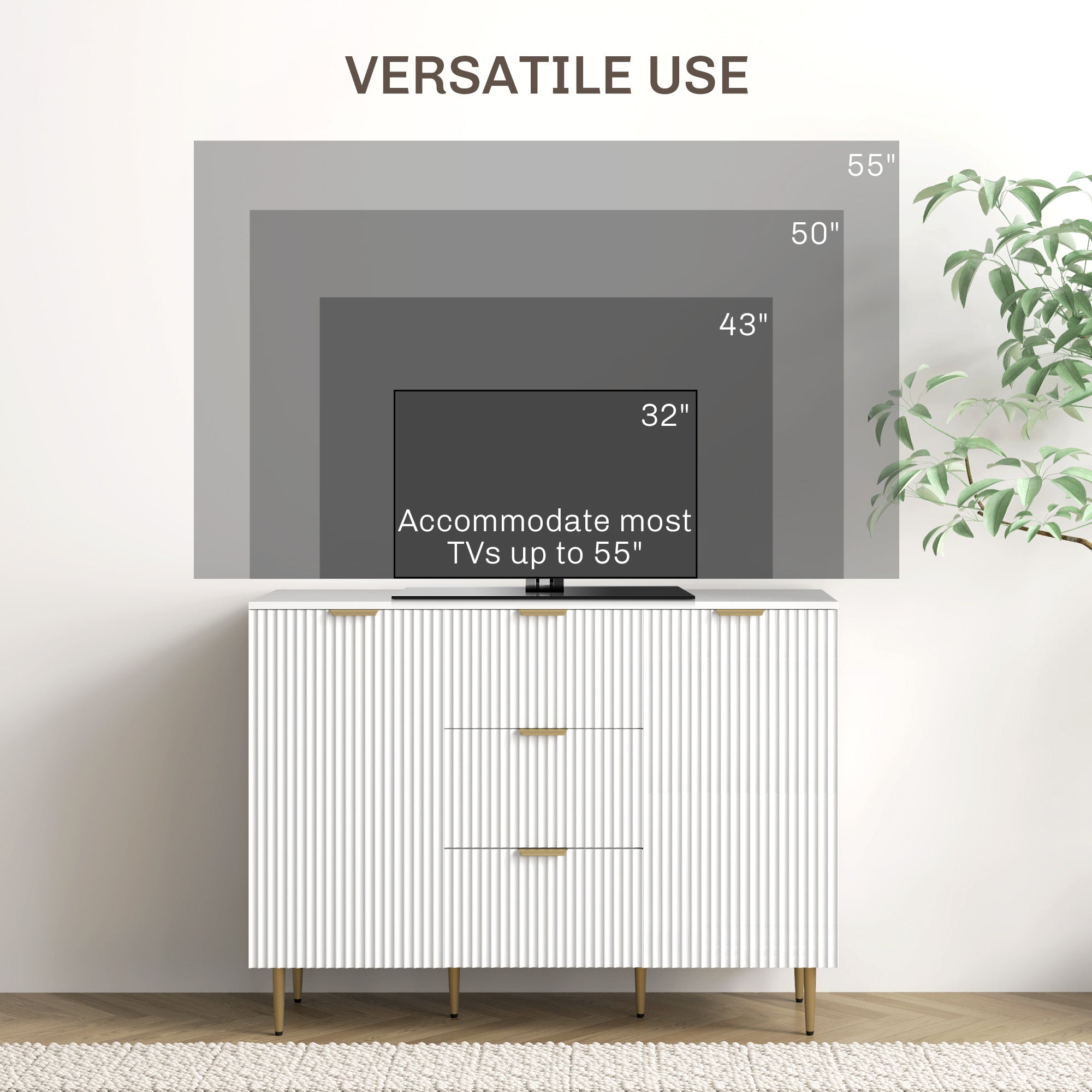 HOMCOM Sideboard Buffet Cabinet, Modern Kitchen Storage Cabinet with 3 Drawers and Adjustable Shelves, Fluted Coffee Bar Cabinet with Metal Legs for Kitchen Hallway, White