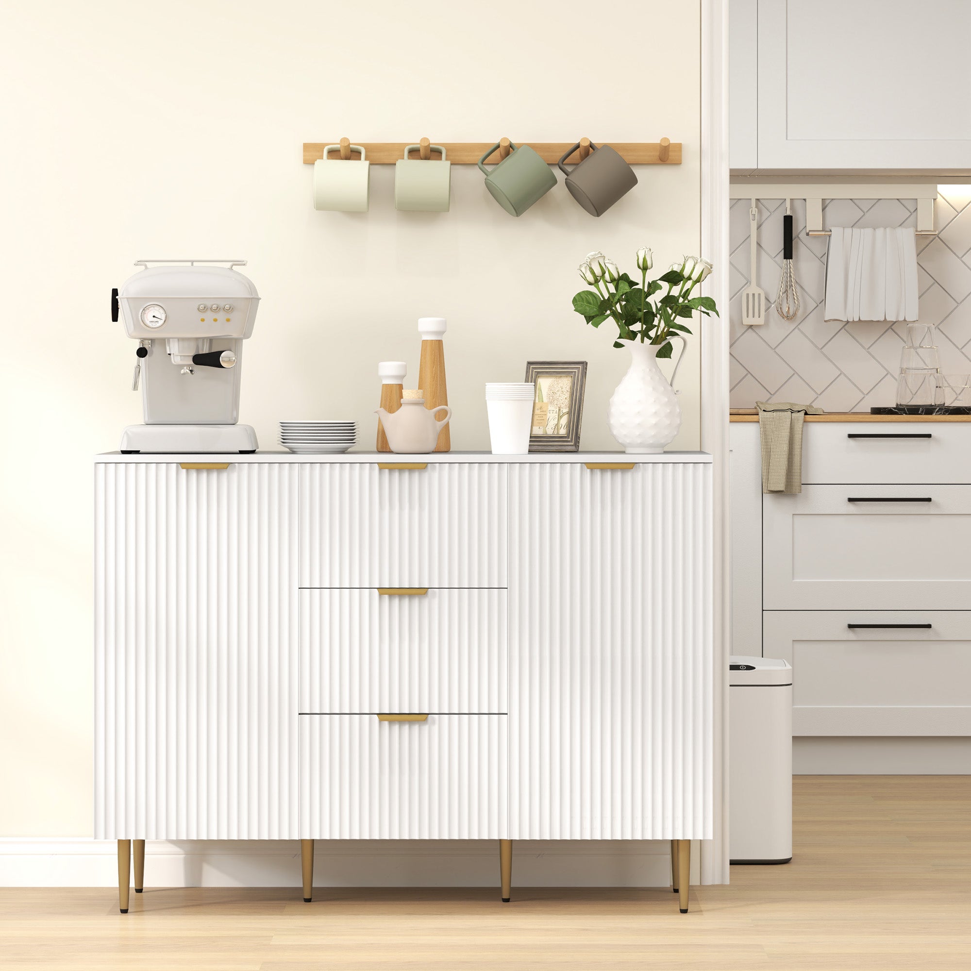 HOMCOM Sideboard Buffet Cabinet, Modern Kitchen Storage Cabinet with 3 Drawers and Adjustable Shelves, Fluted Coffee Bar Cabinet with Metal Legs for Kitchen Hallway, White