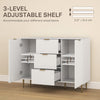 HOMCOM Sideboard Buffet Cabinet, Modern Kitchen Storage Cabinet with 3 Drawers and Adjustable Shelves, Fluted Coffee Bar Cabinet with Metal Legs for Kitchen Hallway, White