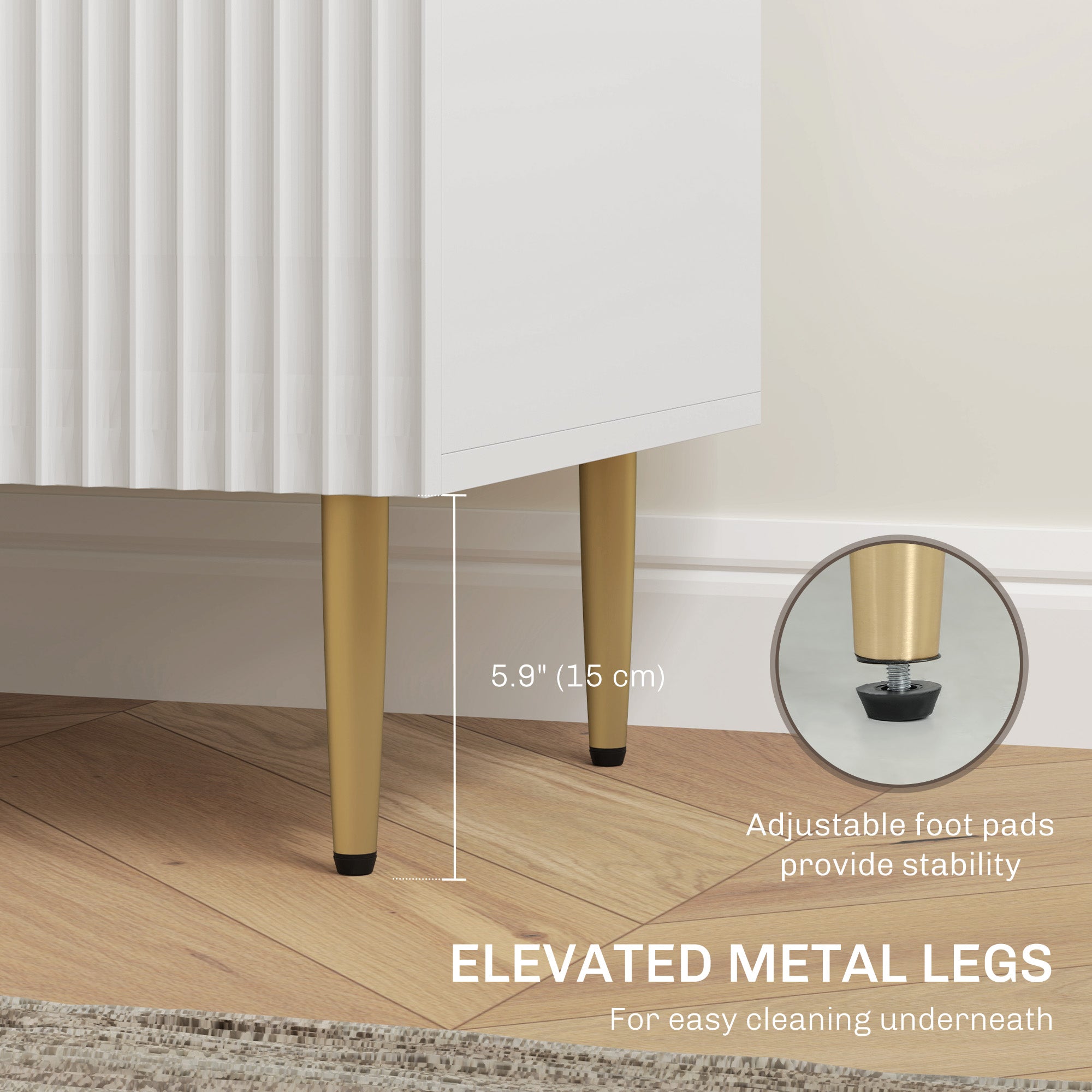 HOMCOM Sideboard Buffet Cabinet, Modern Kitchen Storage Cabinet with 3 Drawers and Adjustable Shelves, Fluted Coffee Bar Cabinet with Metal Legs for Kitchen Hallway, White