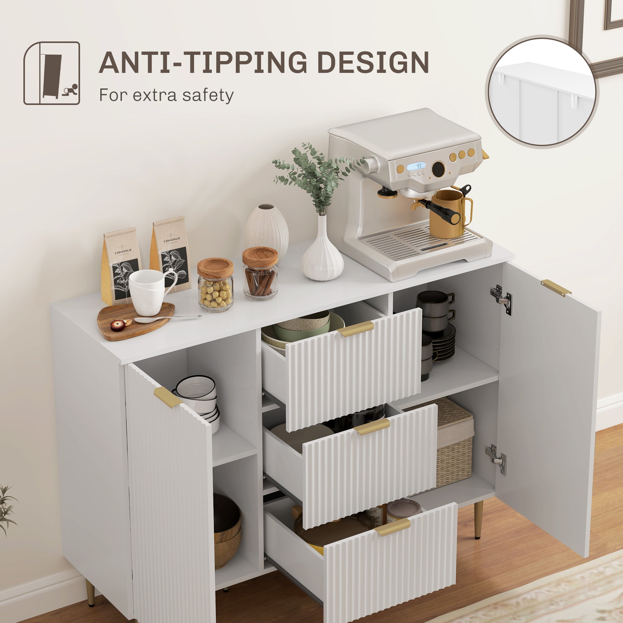 HOMCOM Sideboard Buffet Cabinet, Modern Kitchen Storage Cabinet with 3 Drawers and Adjustable Shelves, Fluted Coffee Bar Cabinet with Metal Legs for Kitchen Hallway, White