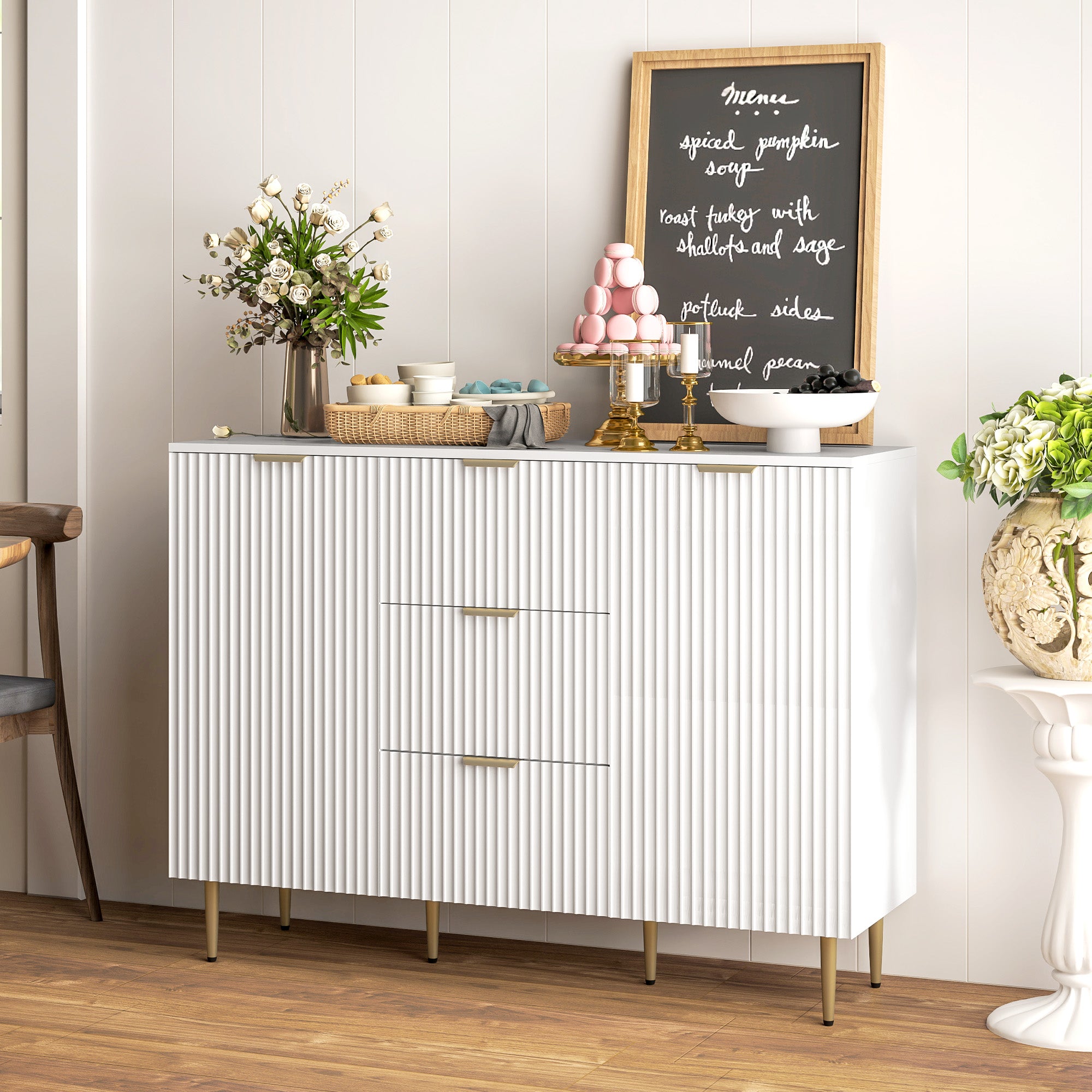 HOMCOM Sideboard Buffet Cabinet, Modern Kitchen Storage Cabinet with 3 Drawers and Adjustable Shelves, Fluted Coffee Bar Cabinet with Metal Legs for Kitchen Hallway, White