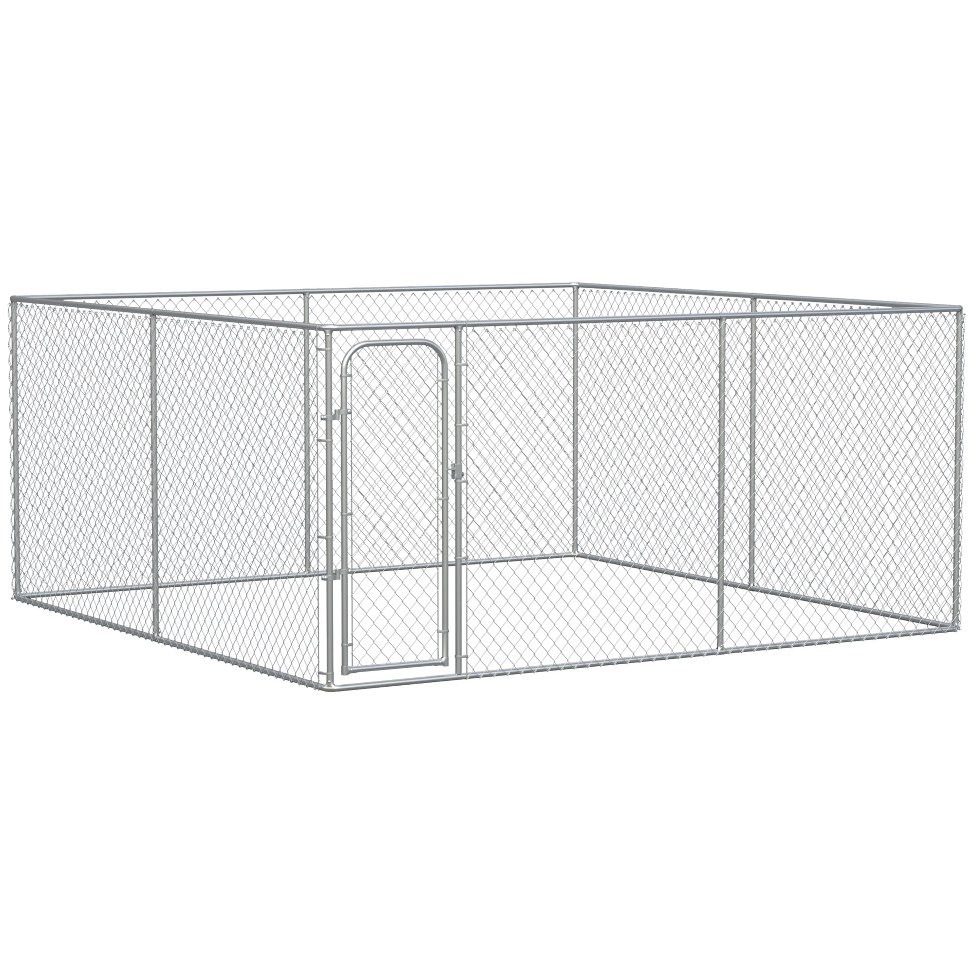 PawHut Dog Kennel Outdoor Galvanized Chain Link Fence Heavy Duty Pet Run House Chicken Coop with Secure Lock Mesh Sidewalls for Backyard Garden Silver, 13' L x 13' W x 5.9' H