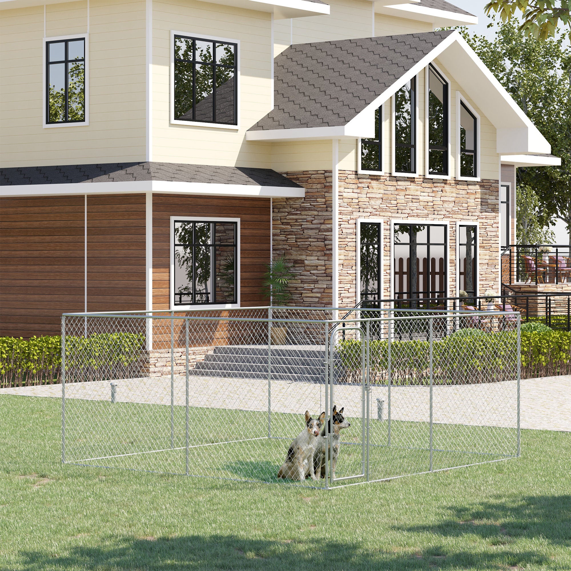 PawHut Dog Kennel Outdoor Galvanized Chain Link Fence Heavy Duty Pet Run House Chicken Coop with Secure Lock Mesh Sidewalls for Backyard Garden Silver, 13' L x 13' W x 5.9' H