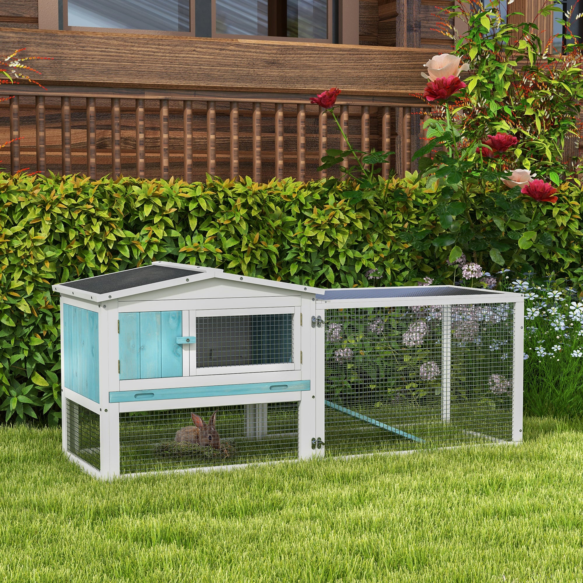 PawHut 61'' L 2-Story Rabbit Hutch Bunny Cage Small Animal House with Pull Out Tray, Detachable Run, Ramp, for Indoor Outdoor, Light Blue
