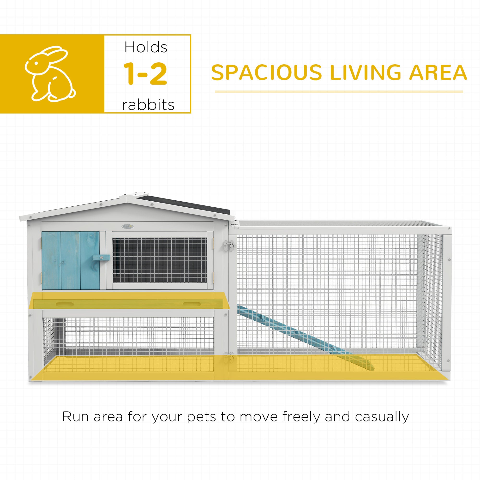 PawHut 61'' L 2-Story Rabbit Hutch Bunny Cage Small Animal House with Pull Out Tray, Detachable Run, Ramp, for Indoor Outdoor, Light Blue