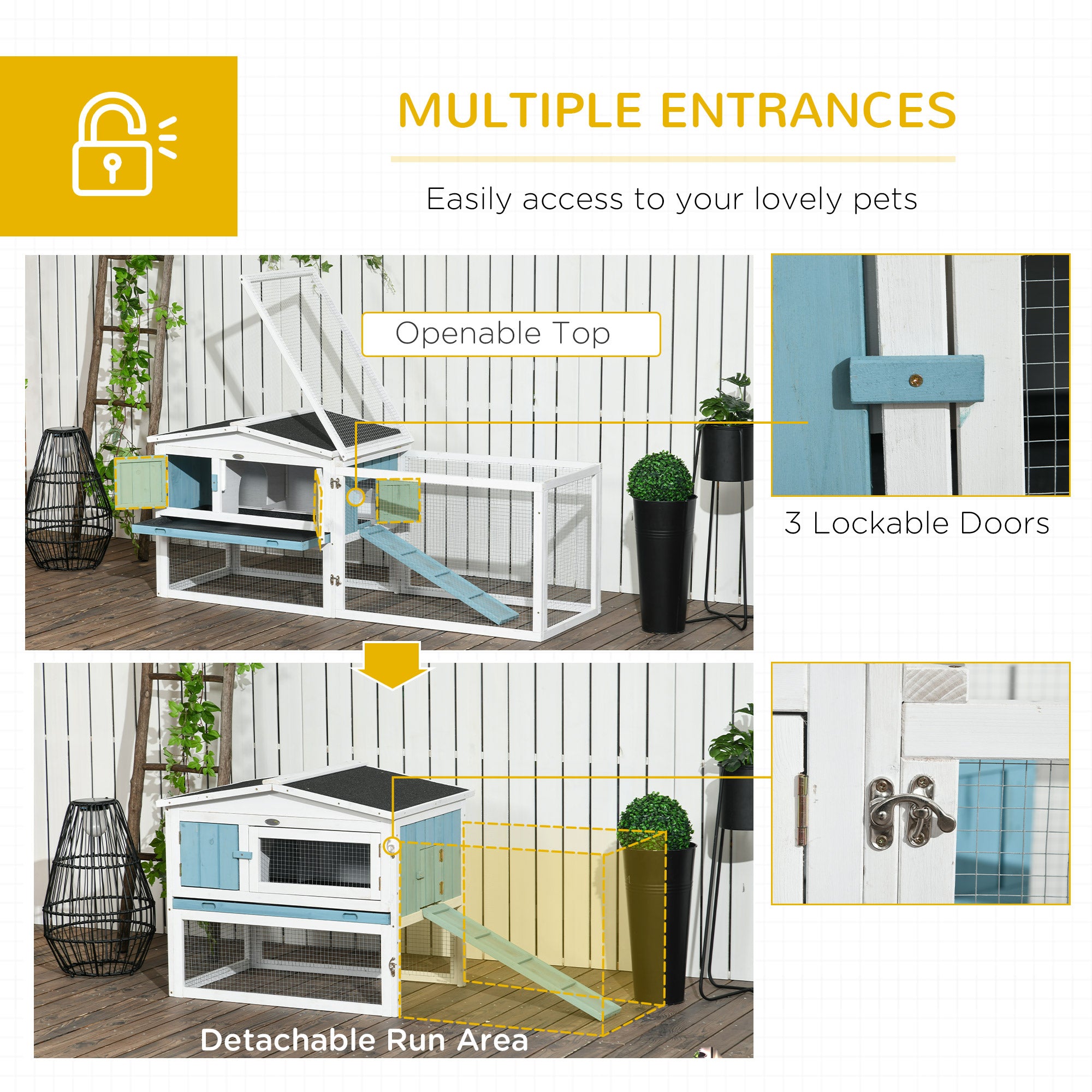 PawHut 61'' L 2-Story Rabbit Hutch Bunny Cage Small Animal House with Pull Out Tray, Detachable Run, Ramp, for Indoor Outdoor, Light Blue