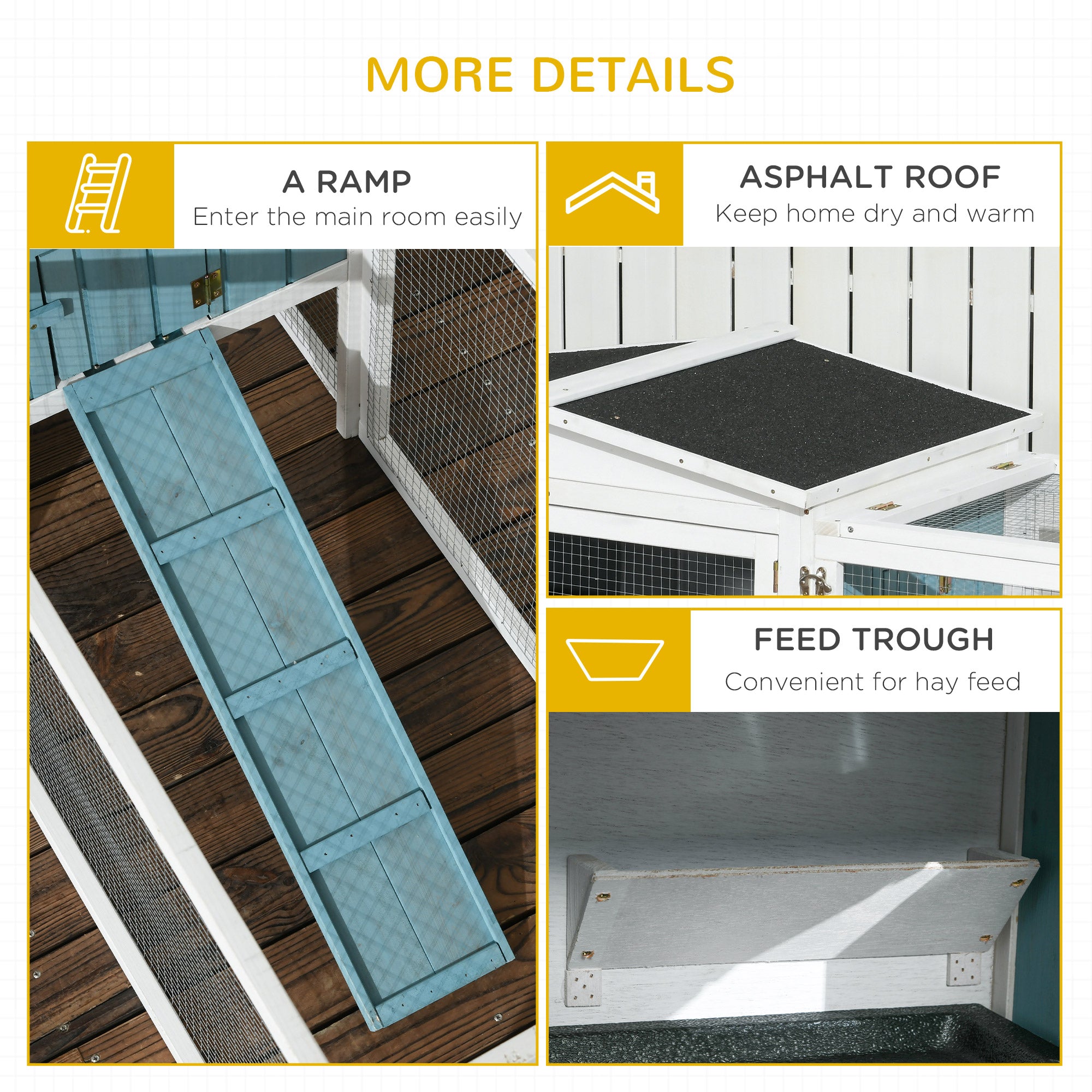 PawHut 61'' L 2-Story Rabbit Hutch Bunny Cage Small Animal House with Pull Out Tray, Detachable Run, Ramp, for Indoor Outdoor, Light Blue