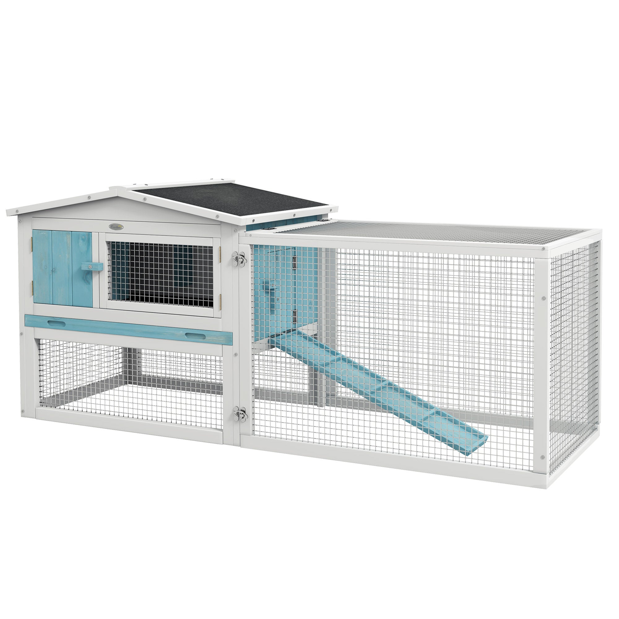 PawHut 61'' L 2-Story Rabbit Hutch Bunny Cage Small Animal House with Pull Out Tray, Detachable Run, Ramp, for Indoor Outdoor, Light Blue