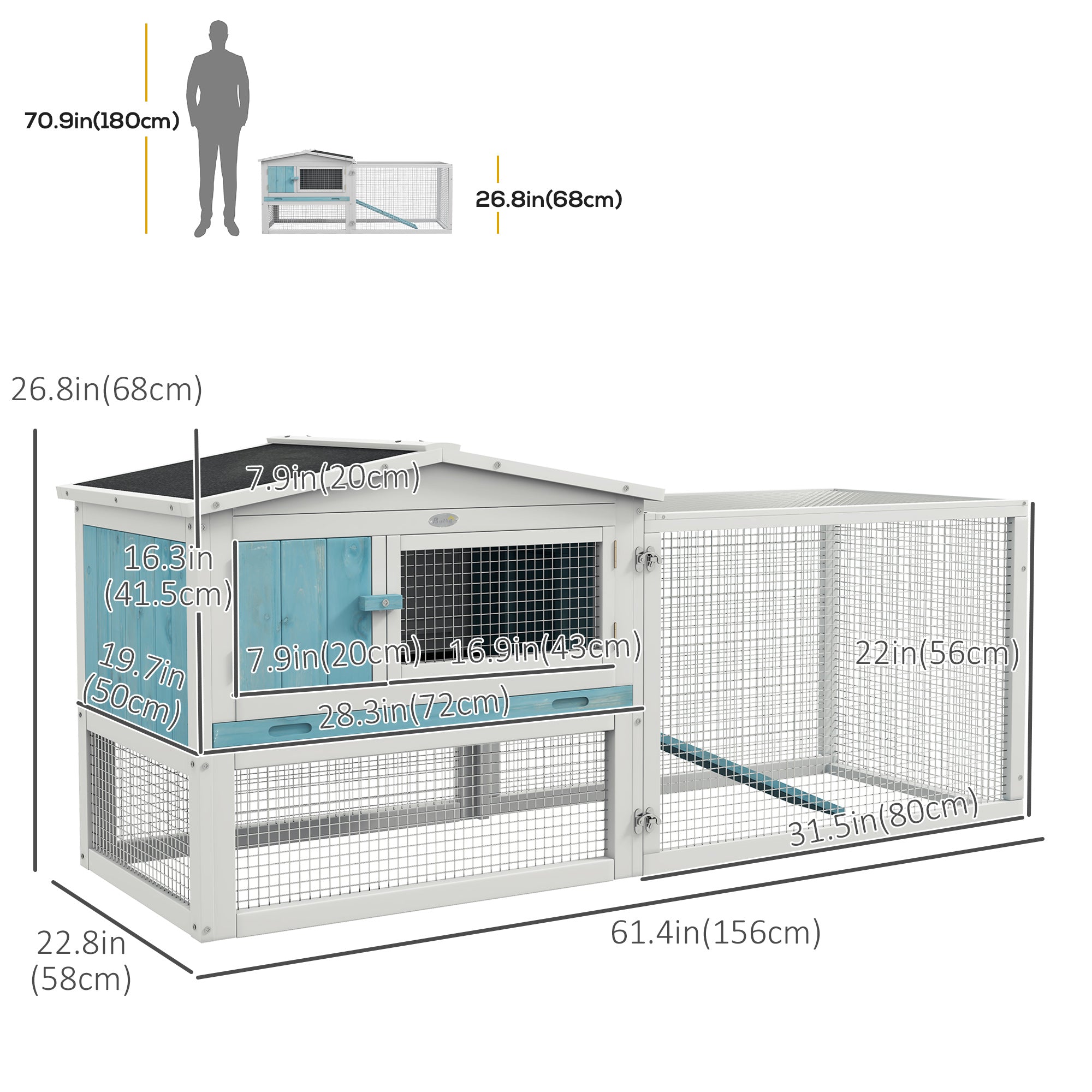 PawHut 61'' L 2-Story Rabbit Hutch Bunny Cage Small Animal House with Pull Out Tray, Detachable Run, Ramp, for Indoor Outdoor, Light Blue