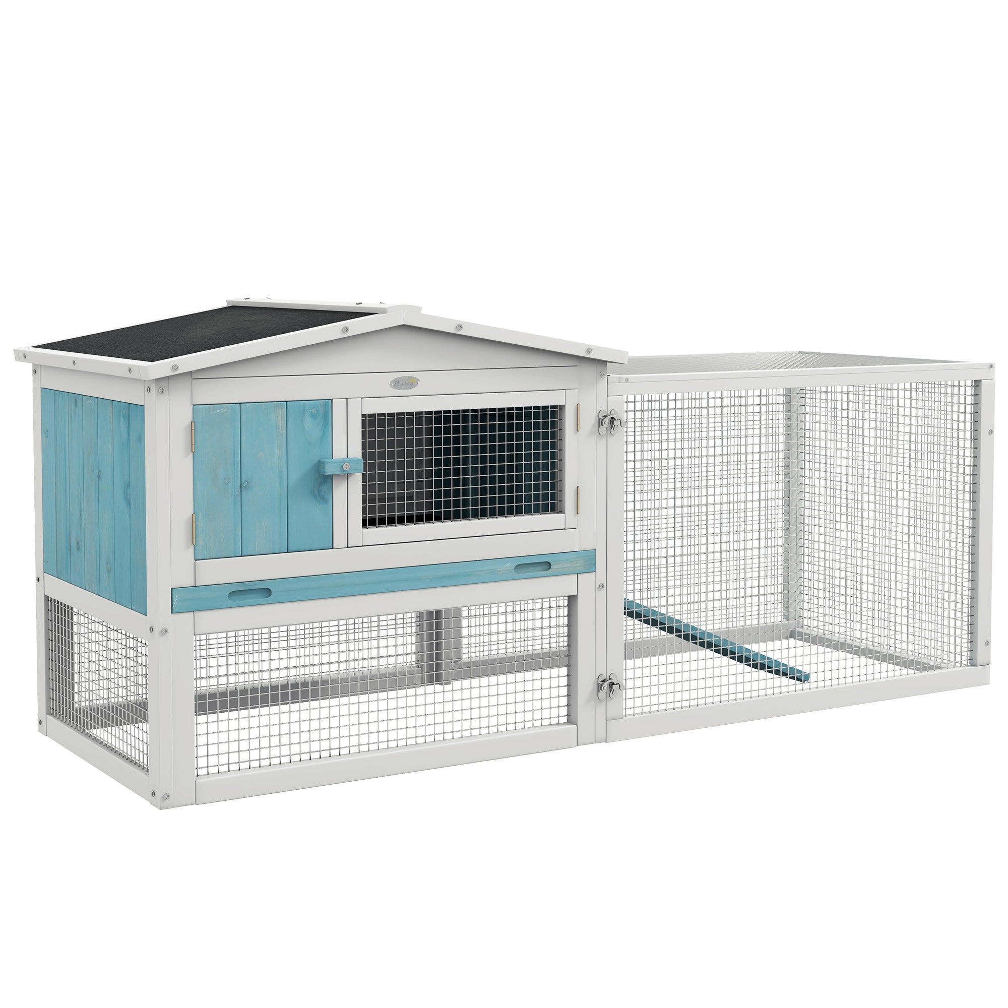 PawHut 61'' L 2-Story Rabbit Hutch Bunny Cage Small Animal House with Pull Out Tray, Detachable Run, Ramp, for Indoor Outdoor, Light Blue