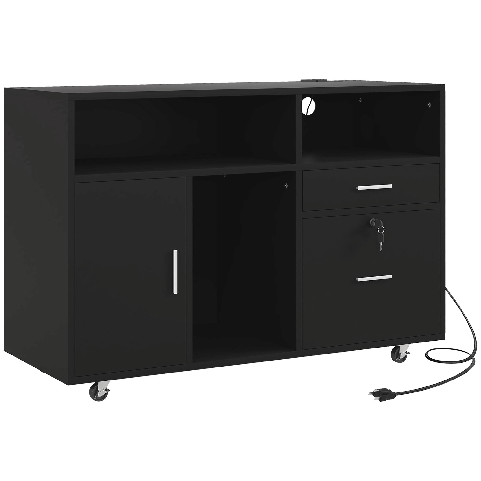 HOMCOM 2 Drawer Lateral Filing Cabinet with Charging Station and USB Ports, Mobile Printer Stand with Open Storage Shelf, Locking File Cabinet for A4, Letter Size, Black