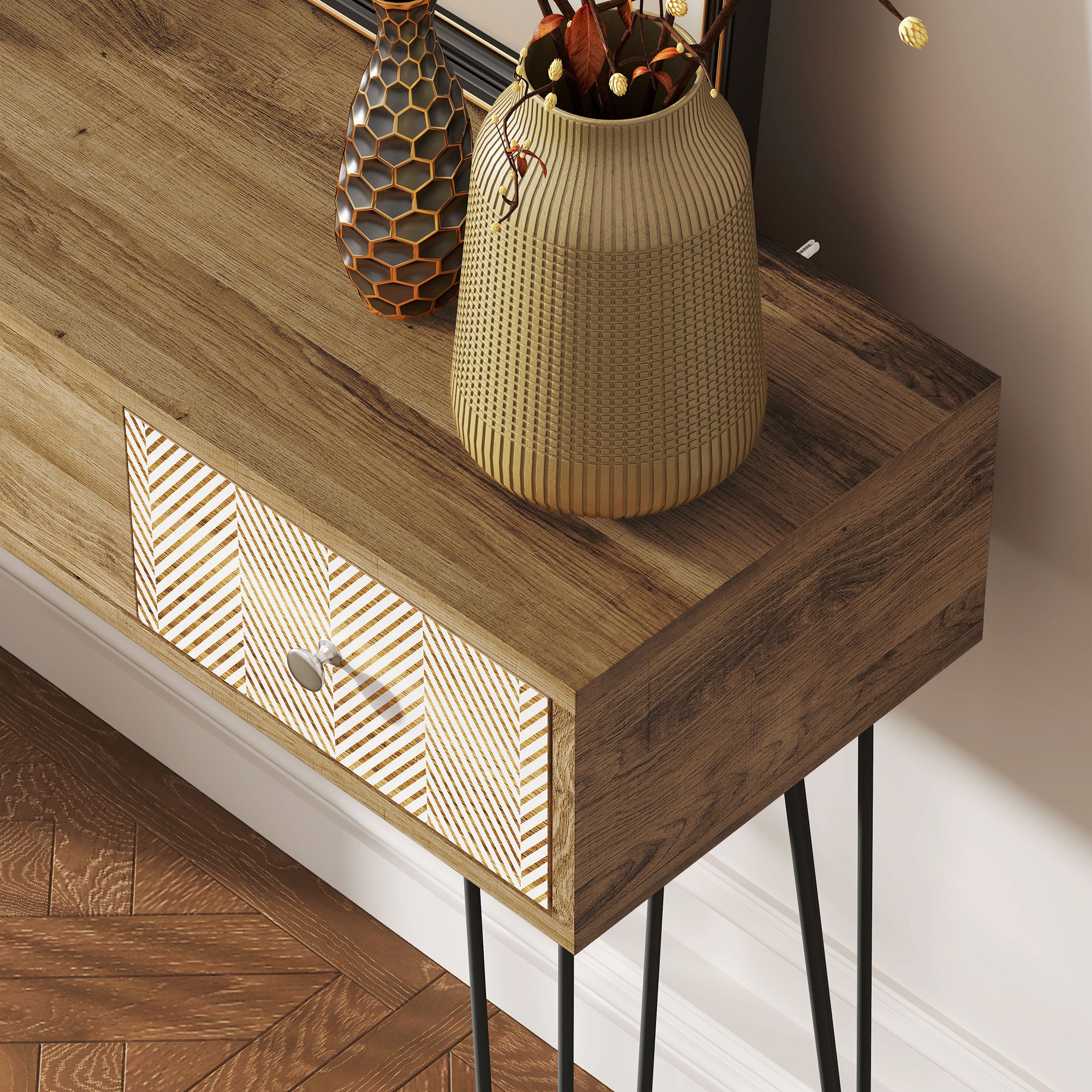 HOMCOM 35.4" Console Table with 3 Drawers, Narrow Entryway Table with Steel Hairpin Legs, Rustic Behind Sofa Table for Hallway, Foyer, Living Room, Brown Wood Grain