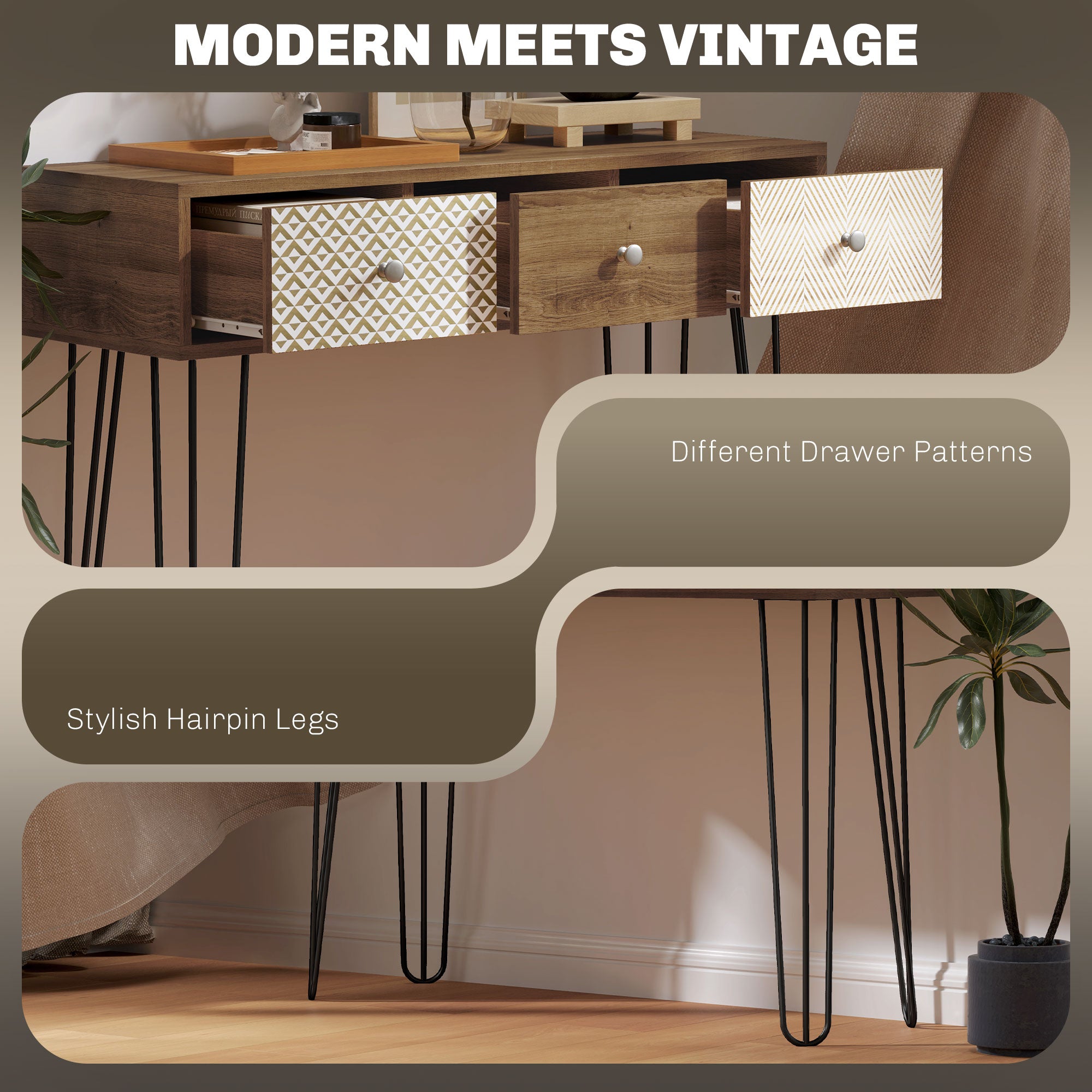 HOMCOM 35.4" Console Table with 3 Drawers, Narrow Entryway Table with Steel Hairpin Legs, Rustic Behind Sofa Table for Hallway, Foyer, Living Room, Brown Wood Grain