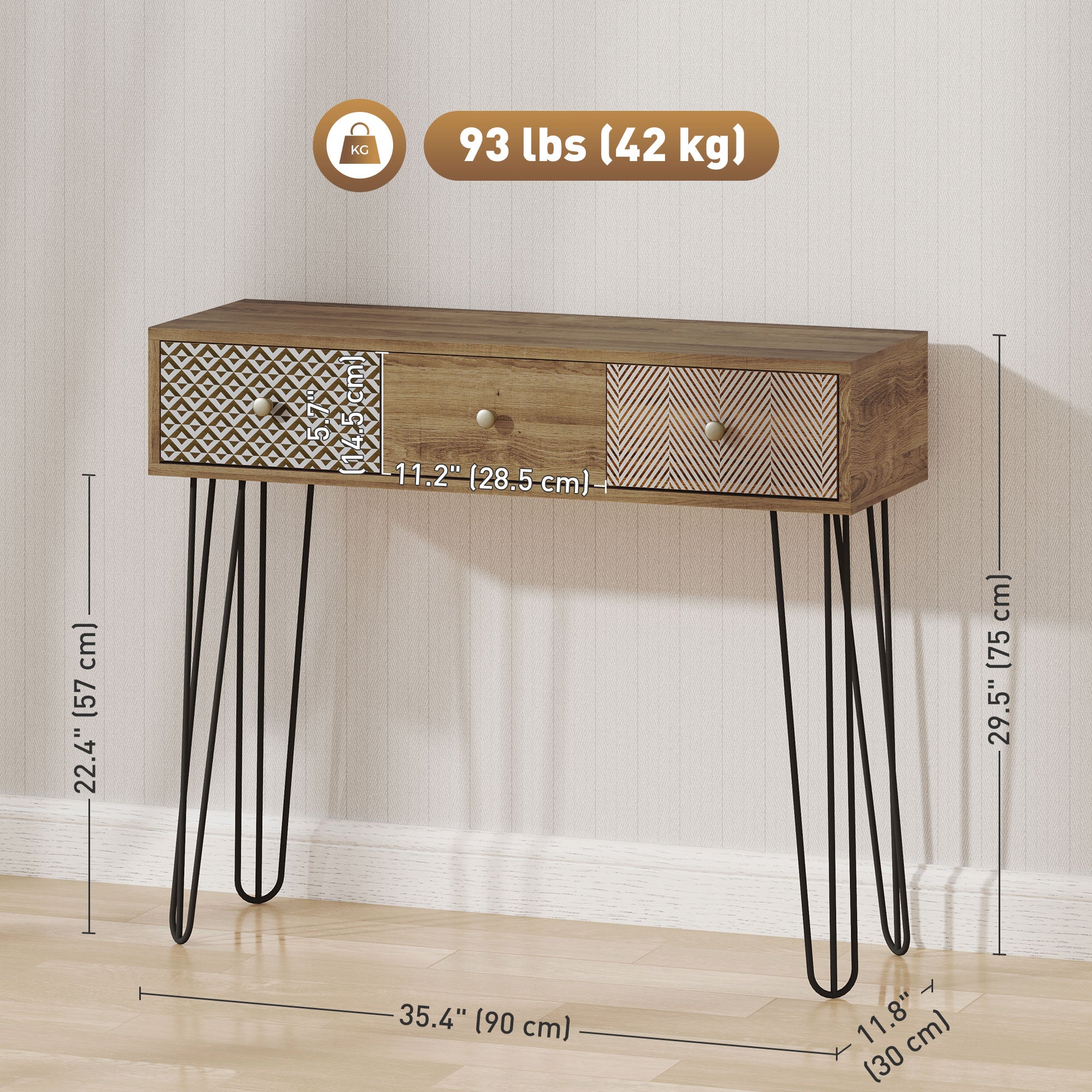 HOMCOM 35.4" Console Table with 3 Drawers, Narrow Entryway Table with Steel Hairpin Legs, Rustic Behind Sofa Table for Hallway, Foyer, Living Room, Brown Wood Grain