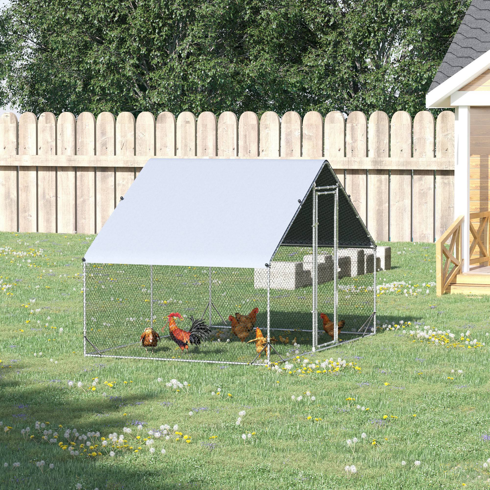 PawHut Chicken Run Galvanised Walk-in Chicken Coop Hen Poultry House Cage Rabbit Hutch Pet Playpen Garden w/ Water-Resist Cover, 3 x 2 x 2m
