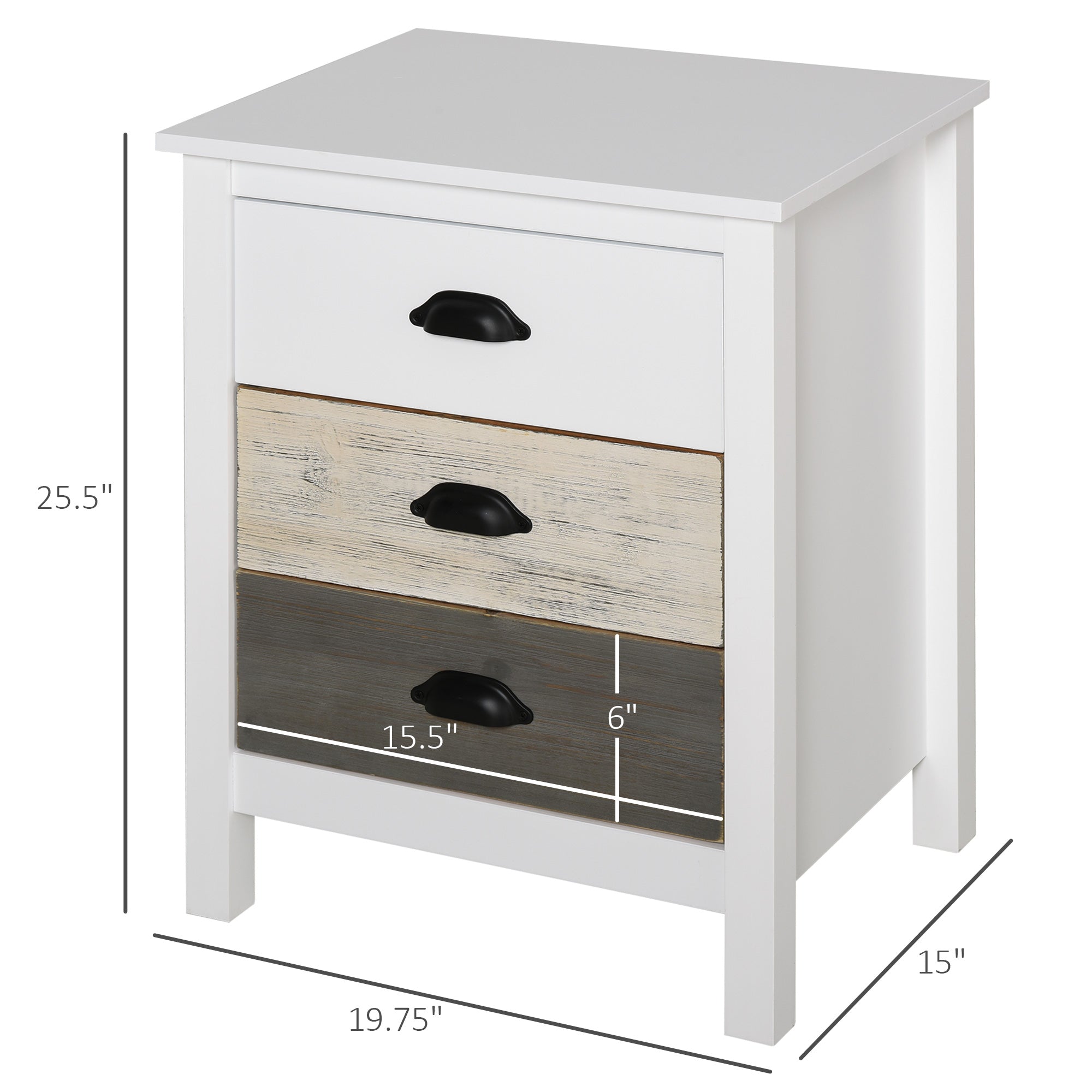 HOMCOM Modern Nightstand, Bedside Table with 3 Drawers, Side End Table with Metal Handles, White