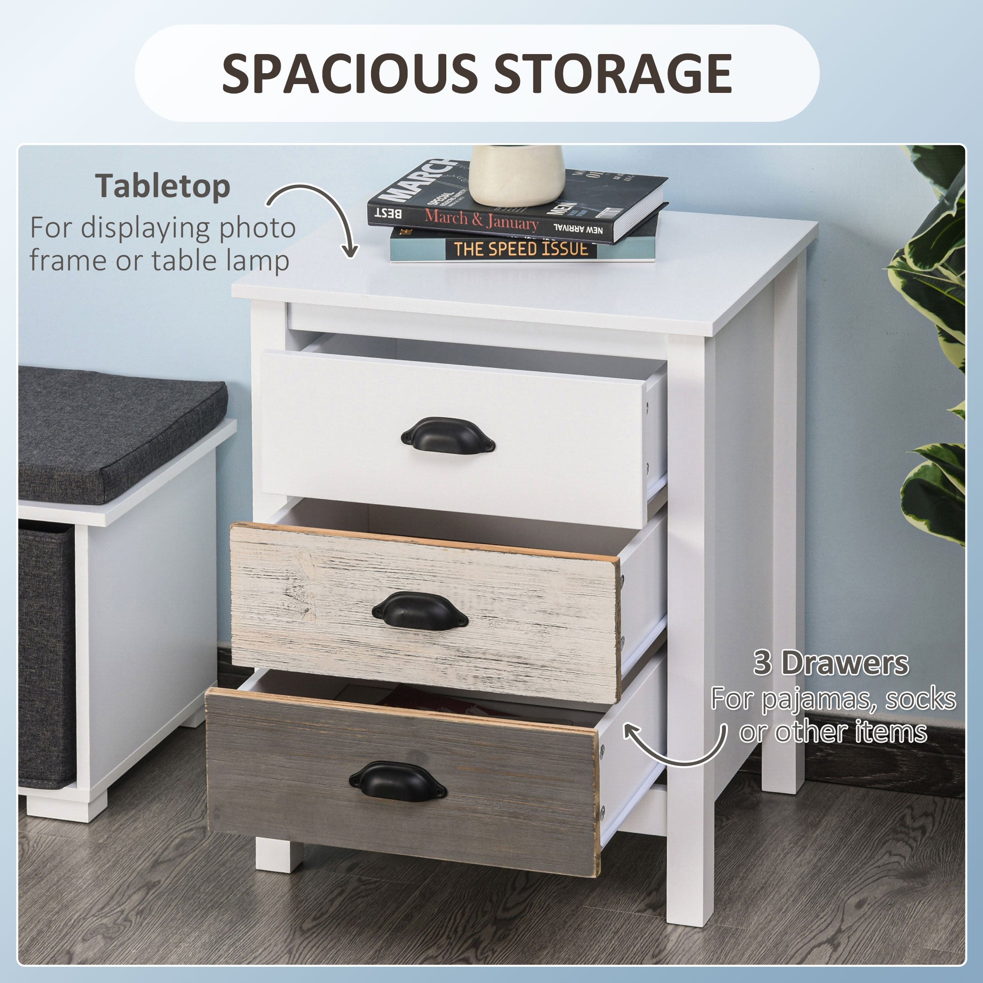 HOMCOM Modern Nightstand, Bedside Table with 3 Drawers, Side End Table with Metal Handles, White