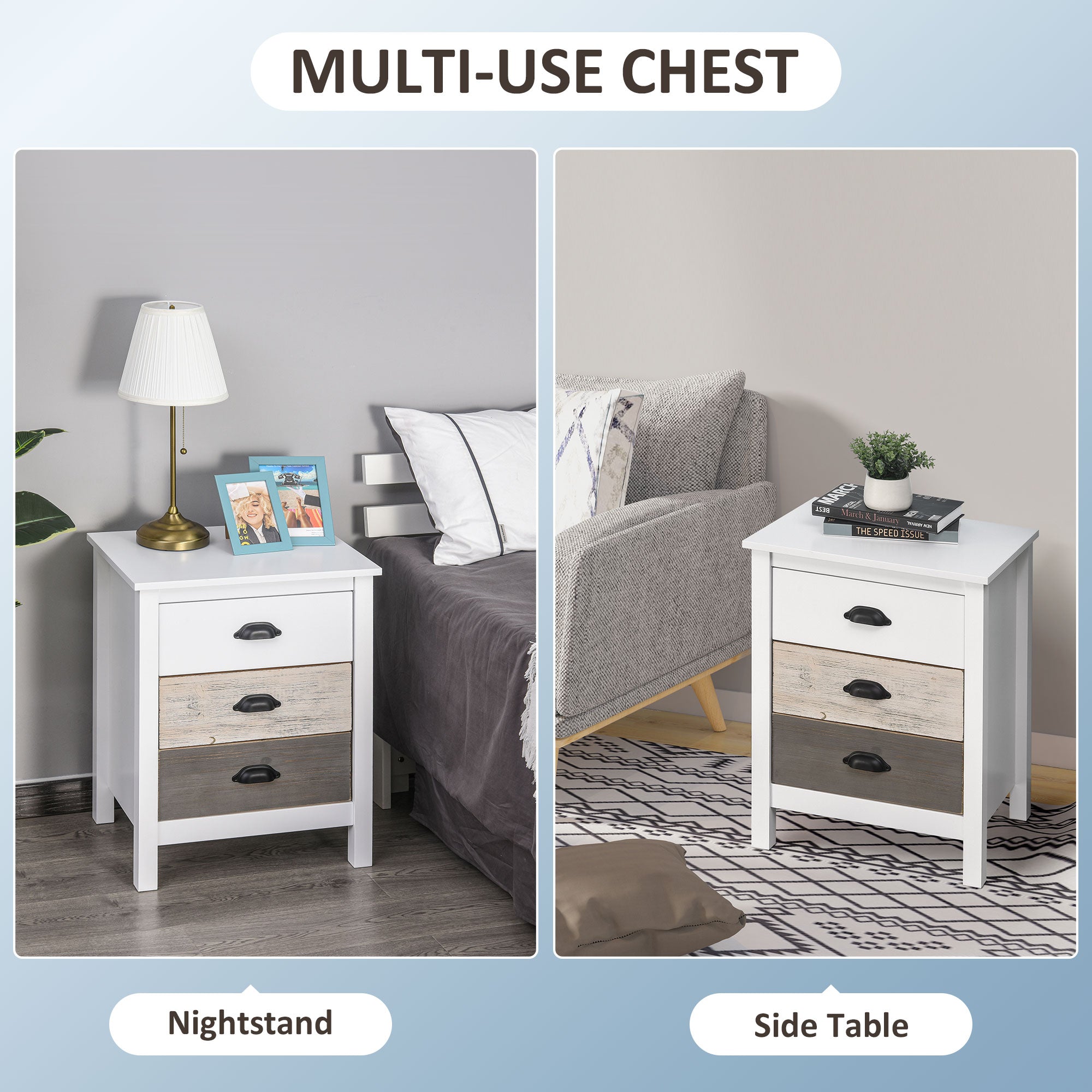 HOMCOM Modern Nightstand, Bedside Table with 3 Drawers, Side End Table with Metal Handles, White