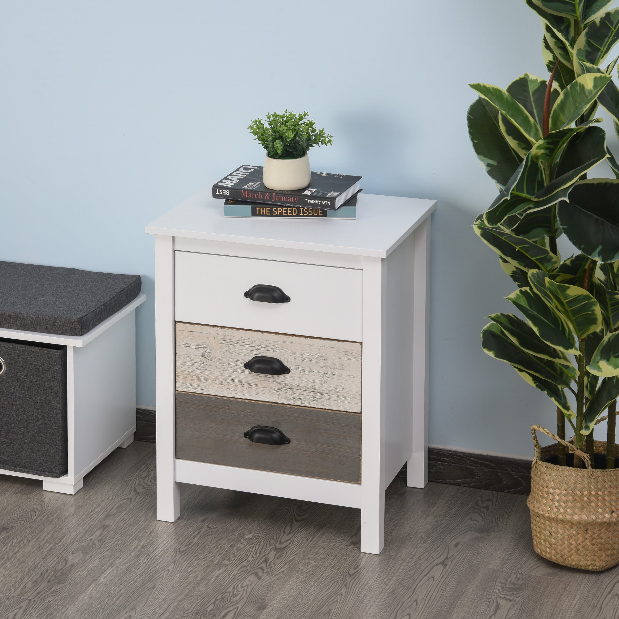 HOMCOM Modern Nightstand, Bedside Table with 3 Drawers, Side End Table with Metal Handles, White