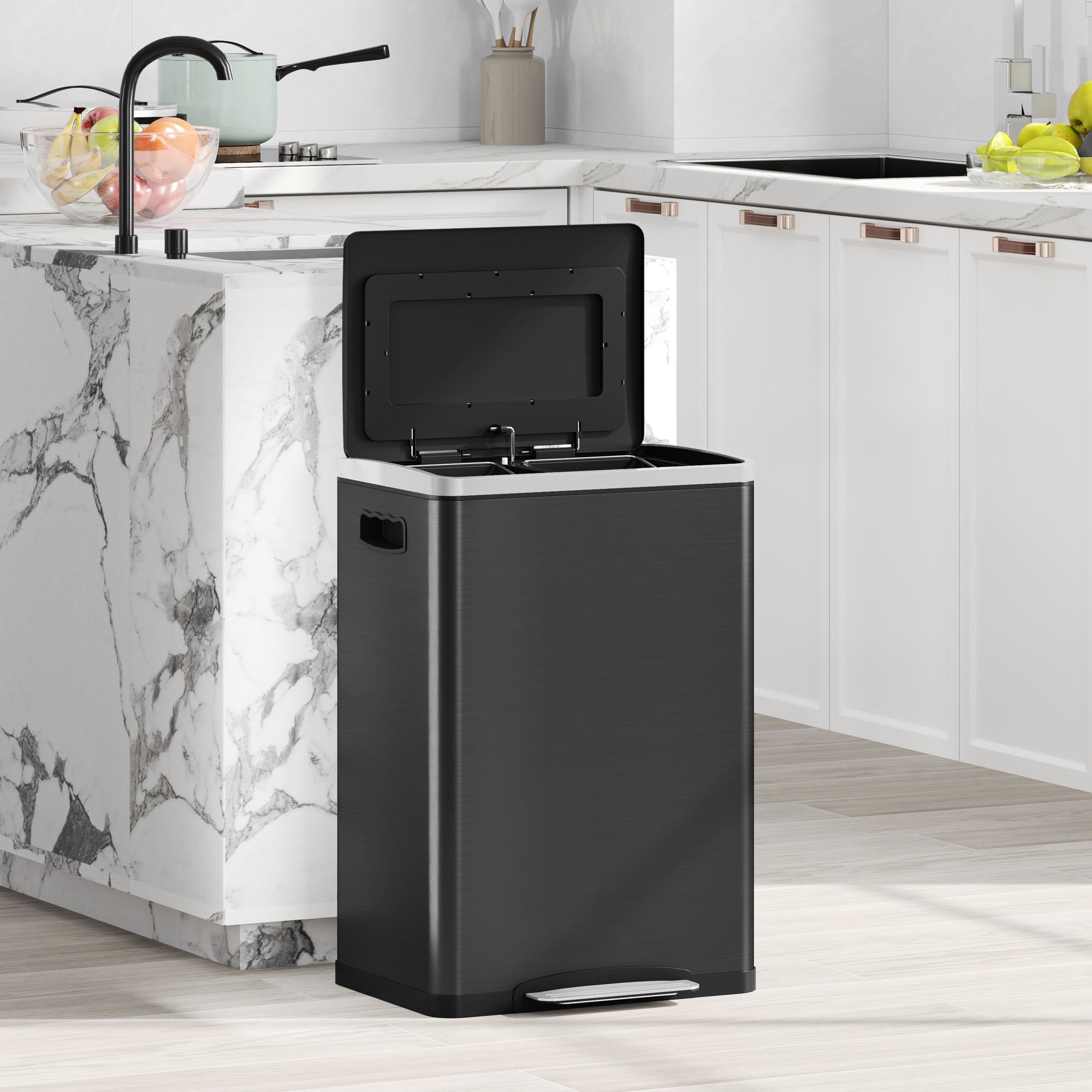 HOMCOM Dual Kitchen Garbage Bin, 2 x 5 Gallon (2 x 20 L) Trash Can with Foot Pedal, Soft-Close Garbage Can with Removable Inner Buckets, Lid, Fingerprint-Proof for Kitchen, Black