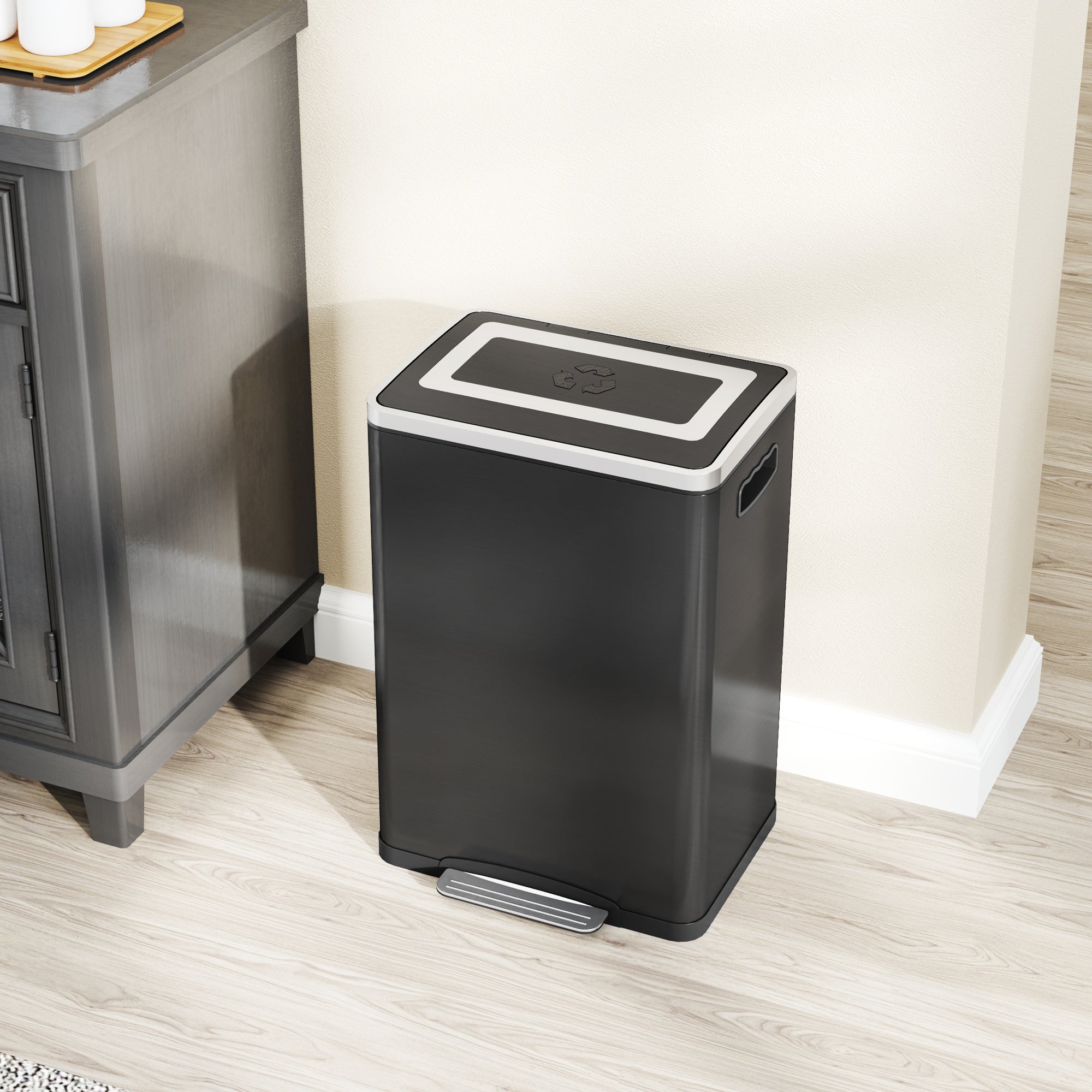 HOMCOM Dual Kitchen Garbage Bin, 2 x 5 Gallon (2 x 20 L) Trash Can with Foot Pedal, Soft-Close Garbage Can with Removable Inner Buckets, Lid, Fingerprint-Proof for Kitchen, Black