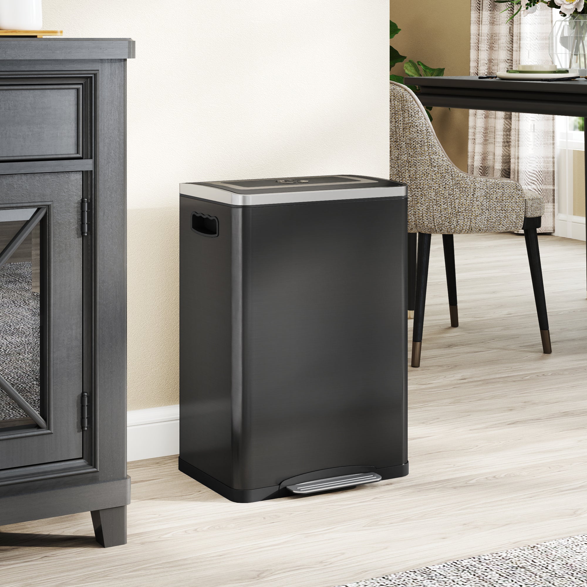 HOMCOM Dual Kitchen Garbage Bin, 2 x 5 Gallon (2 x 20 L) Trash Can with Foot Pedal, Soft-Close Garbage Can with Removable Inner Buckets, Lid, Fingerprint-Proof for Kitchen, Black