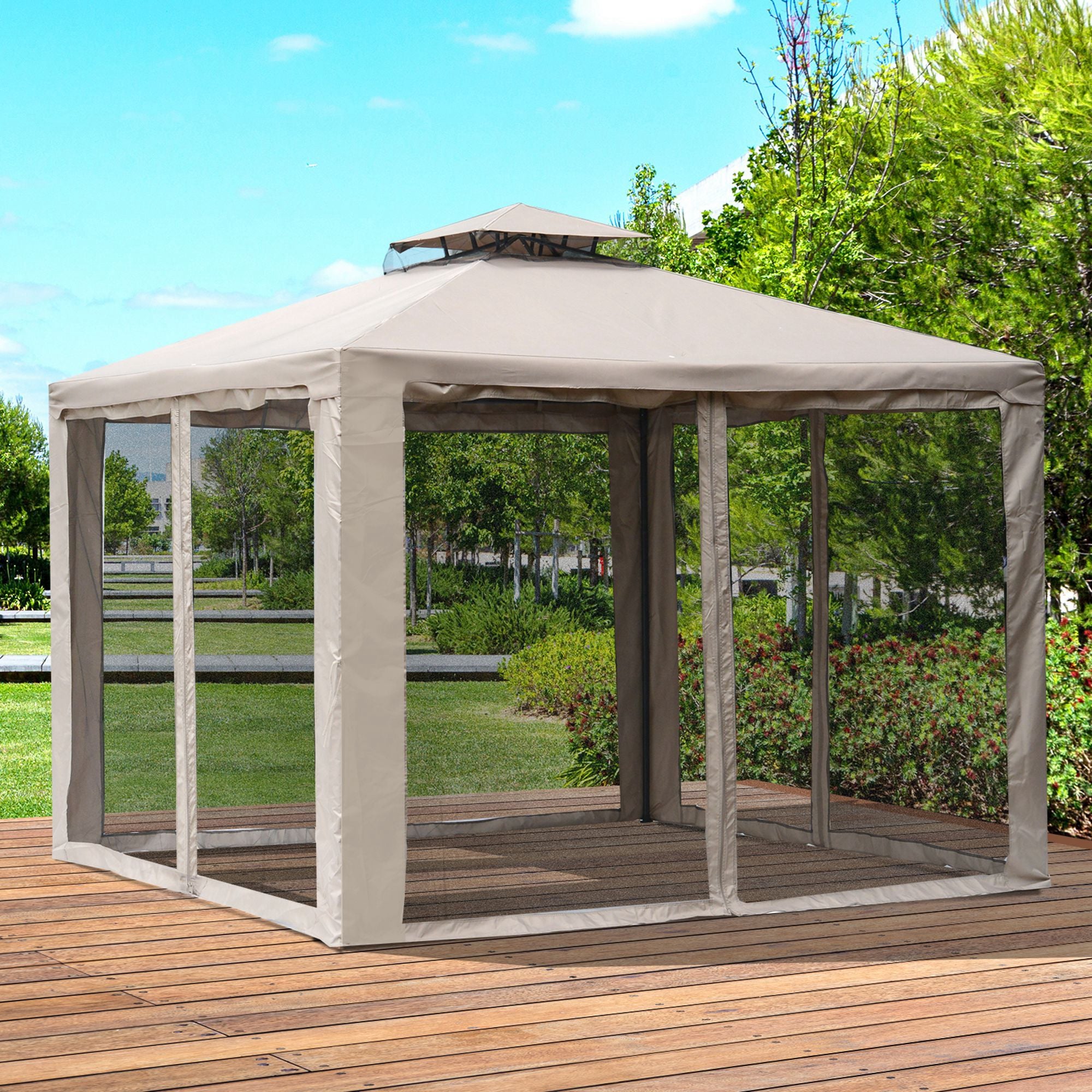 Outsunny 10' x 10' Patio Gazebo Outdoor Pavilion 2 Tire Roof Canopy Shelter Garden Event Party Tent Yard Sun Shade Steel Frame w/ Mosquito Netting, Brown