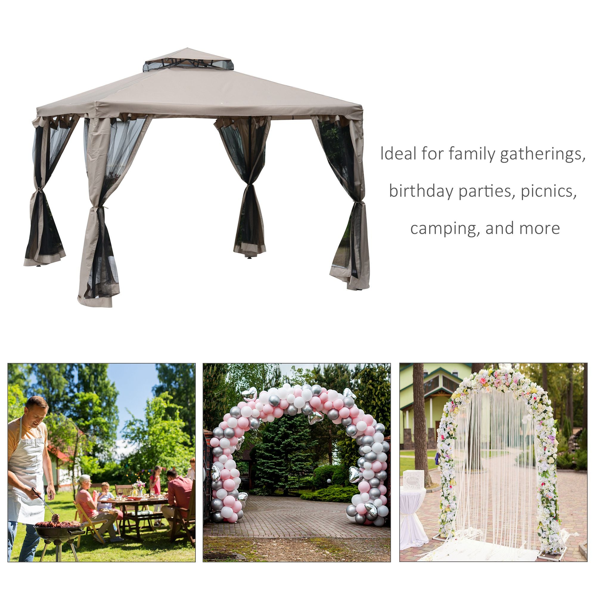 Outsunny 10' x 10' Patio Gazebo Outdoor Pavilion 2 Tire Roof Canopy Shelter Garden Event Party Tent Yard Sun Shade Steel Frame w/ Mosquito Netting, Brown